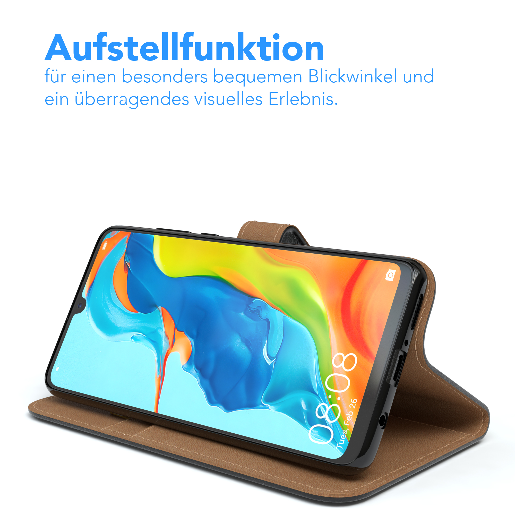 Braune Handyhülle mit Uhrzeit-Anzeige. Text deutet auf komfortablen Betrachtungswinkel hin.
