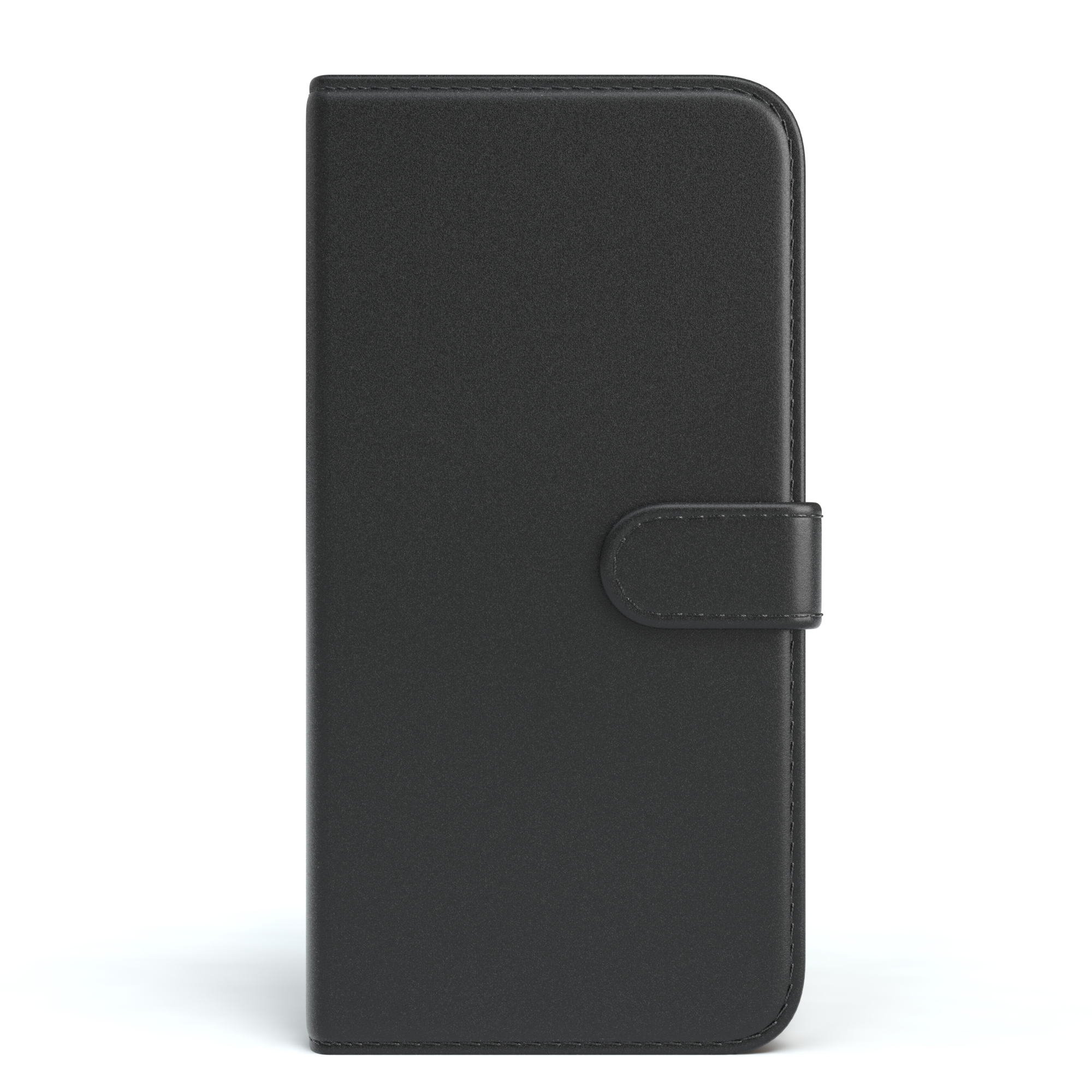 Eine schwarze Leder-Handyhülle, mit einem Knopf verschlossen, vor weißem Hintergrund.