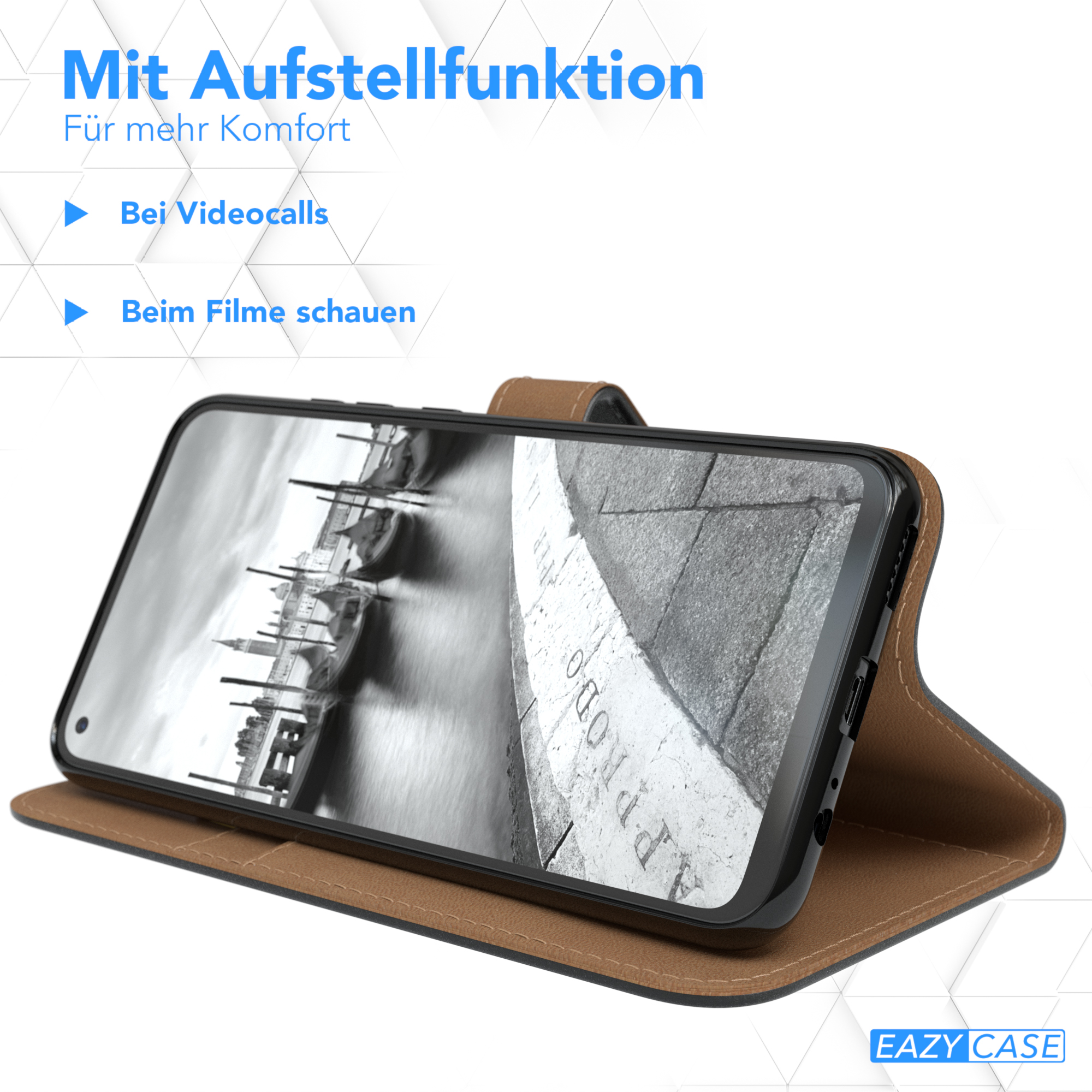 Smartphone in brauner Hülle, geöffnet zur Anzeige des Bildschirms. Es hat eine Stützfunktion, geeignet für Videoanrufe und Filme.