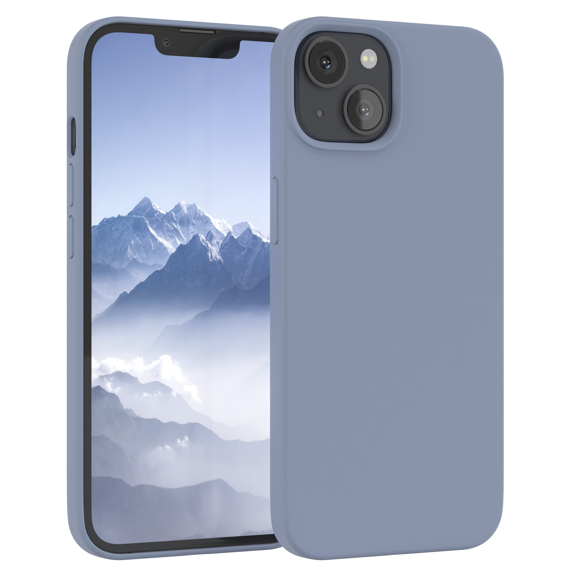 Blaue Handyhülle mit Telefon. Der Bildschirm zeigt Berge. Die Hülle befindet sich neben dem Telefon.
