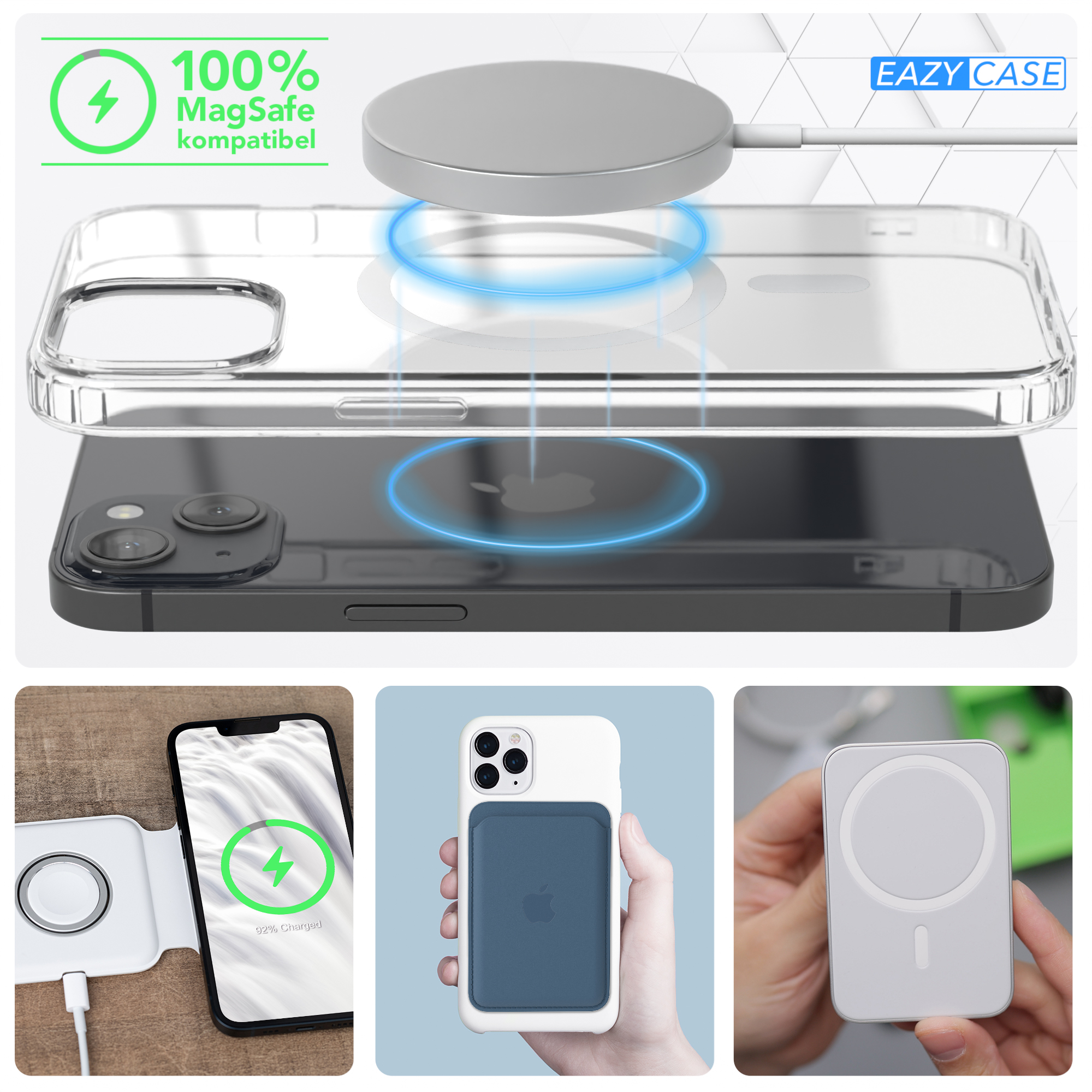 Telefon und Ladegerät mit MagSafe-Kompatibilität. Zeigt verschiedene Verwendungen von MagSafe.