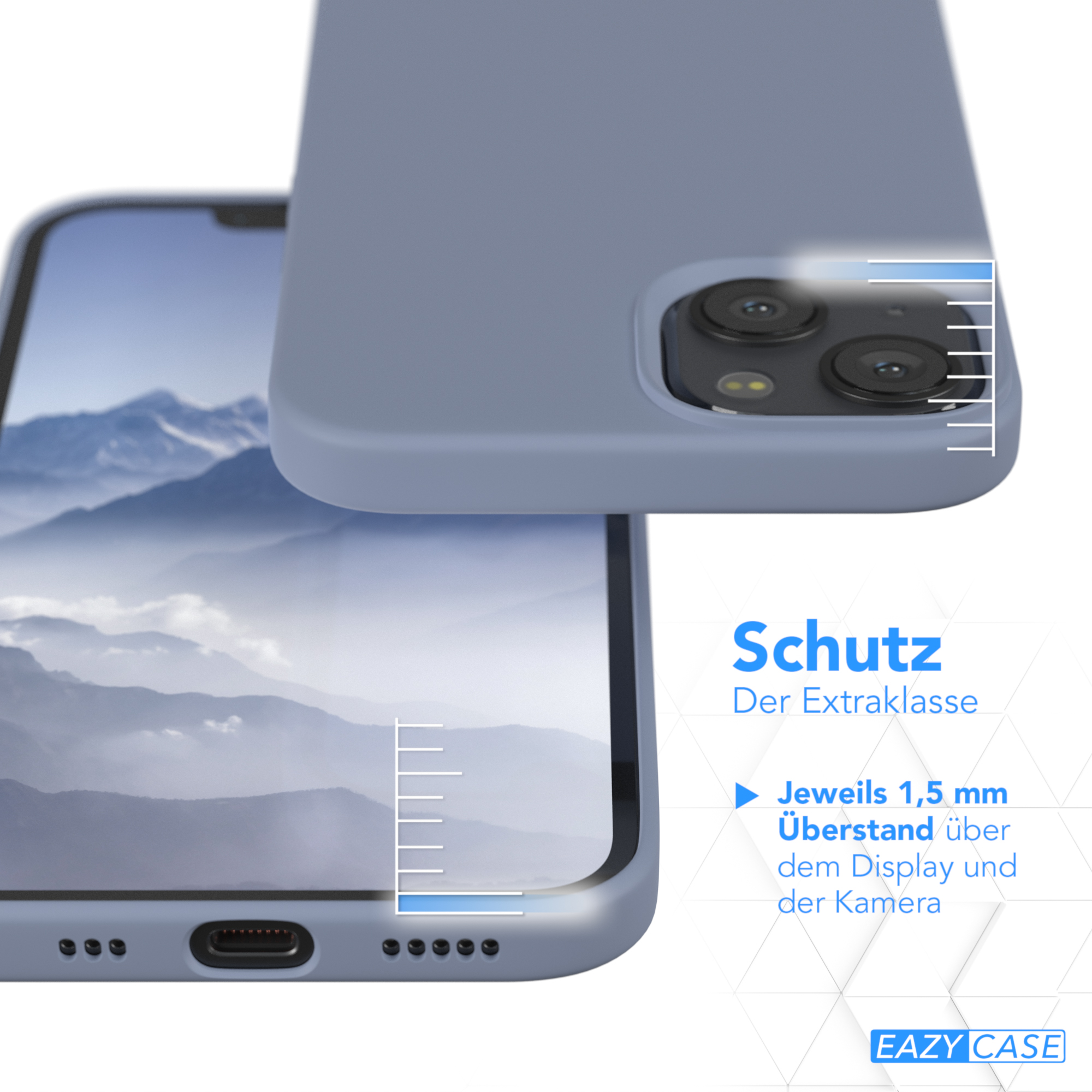 Blaue Handyhülle mit Telefon, weiße Linien zeigen die erhöhten Kanten zum Schutz.
