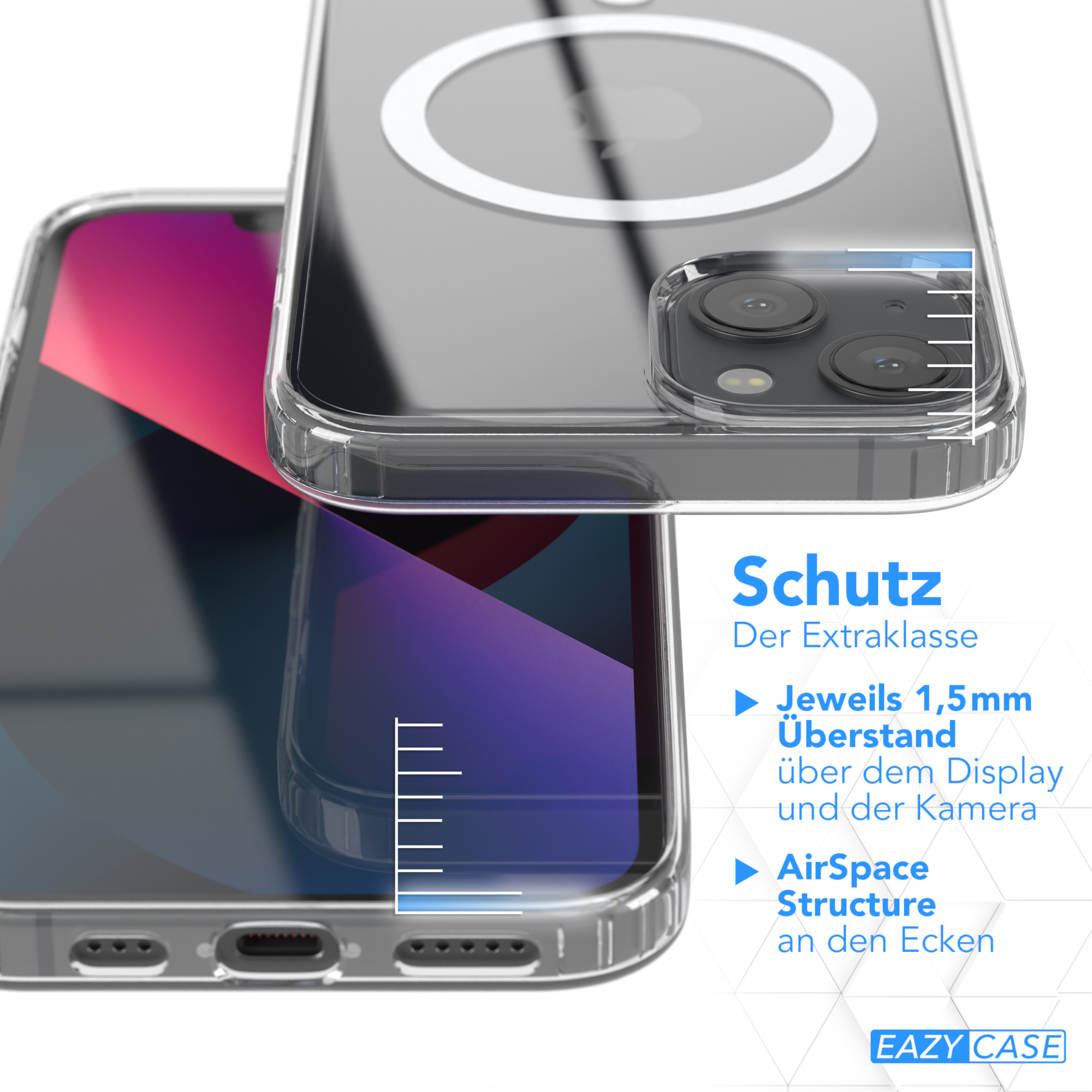 Handyhülle mit klarer Rückseite. Zeigt Kantenschutz und die Dicke des Displays.
