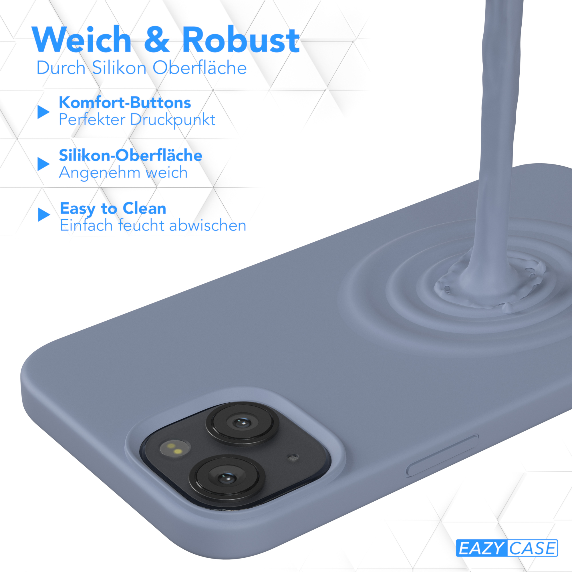 Eine Handyhülle mit einem Telefon darin. Blaue und weiße Farben. Text: Leicht zu reinigen.