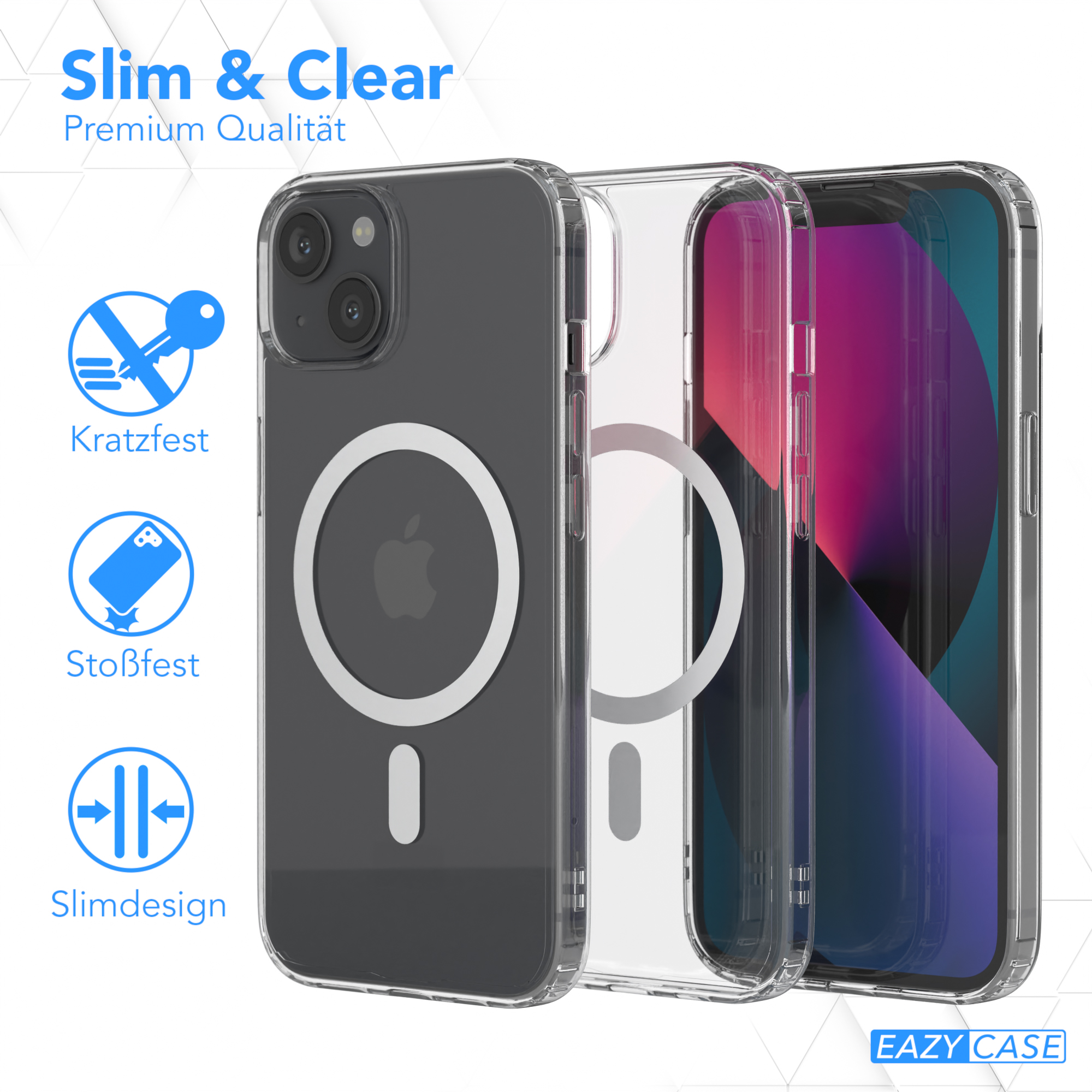 Transparente Handyhüllen mit einem Telefon darin. Die Hülle hat einen MagSafe-Ring und Textbeschriftungen.
