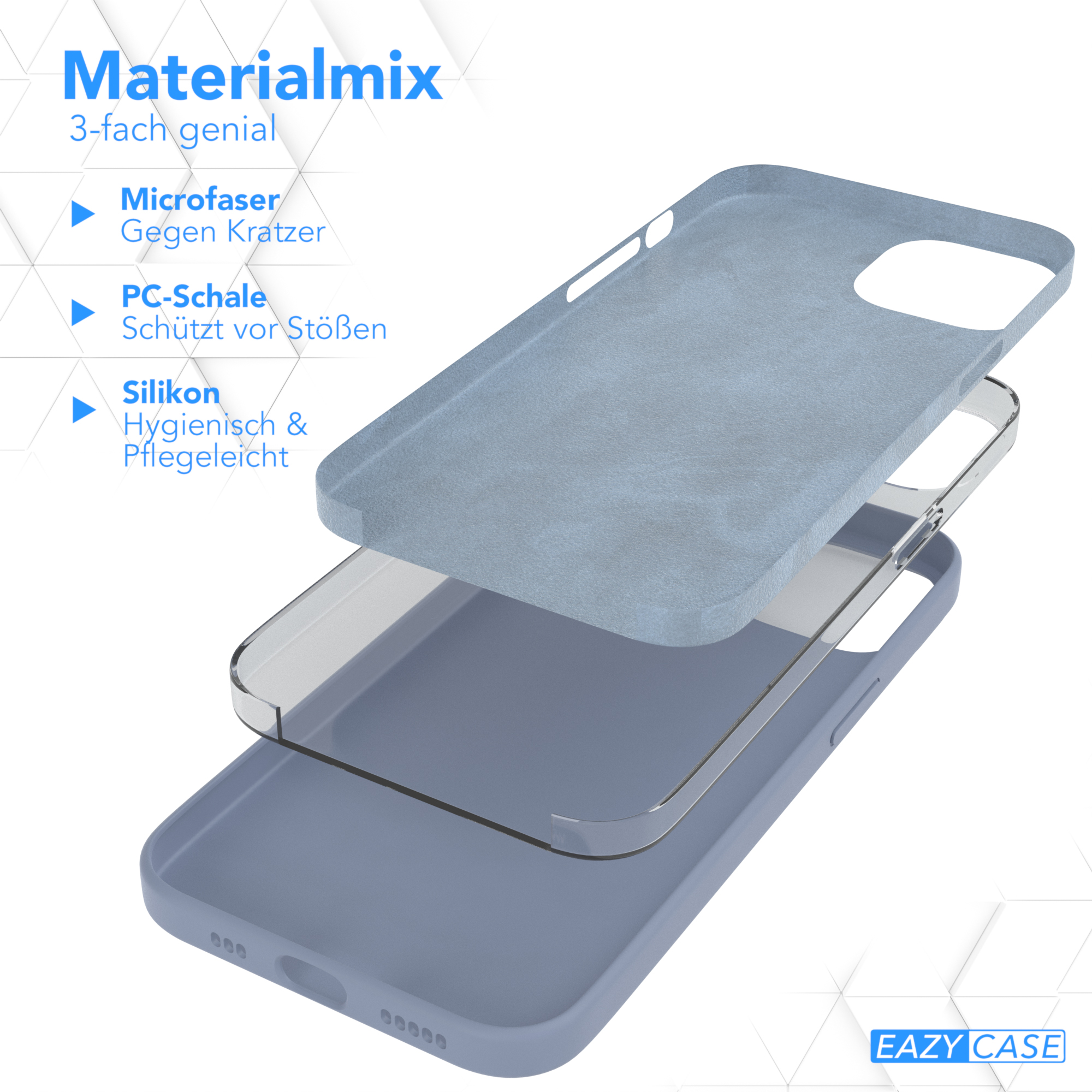 Handyhüllen-Schichten, blau und transparent. Komponenten: Mikrofaser, PC-Schale und Silikon. Text: Materialmix.