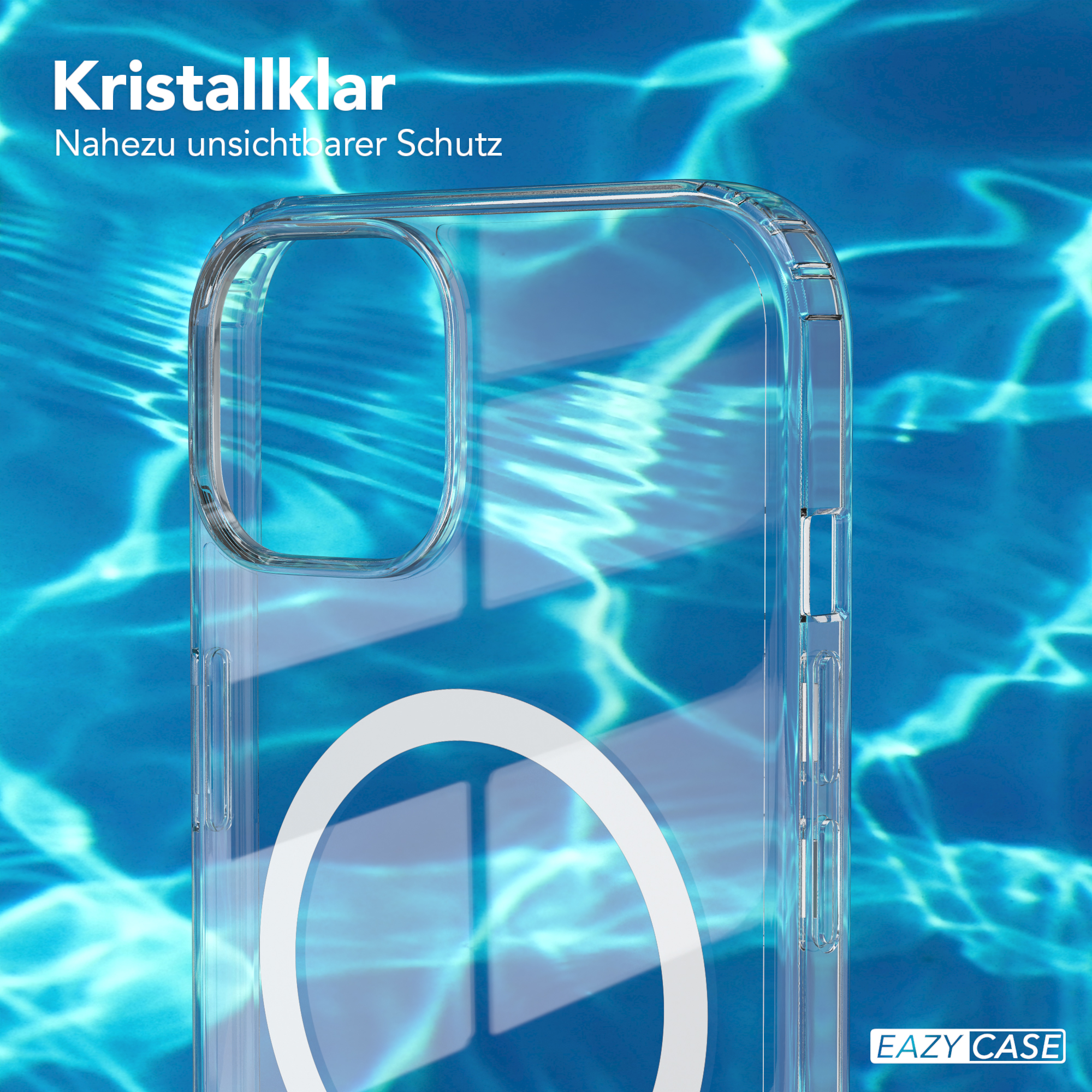 Eine transparente Handyhülle auf blauem Hintergrund mit Wasserreflexionen und Text.
