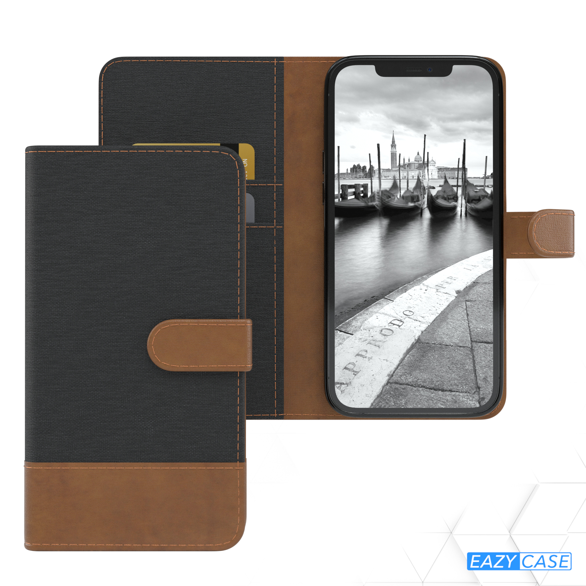 Handyhülle zeigt Telefon mit Venedig-Bild, braune und schwarze Farben, weißer Hintergrund.