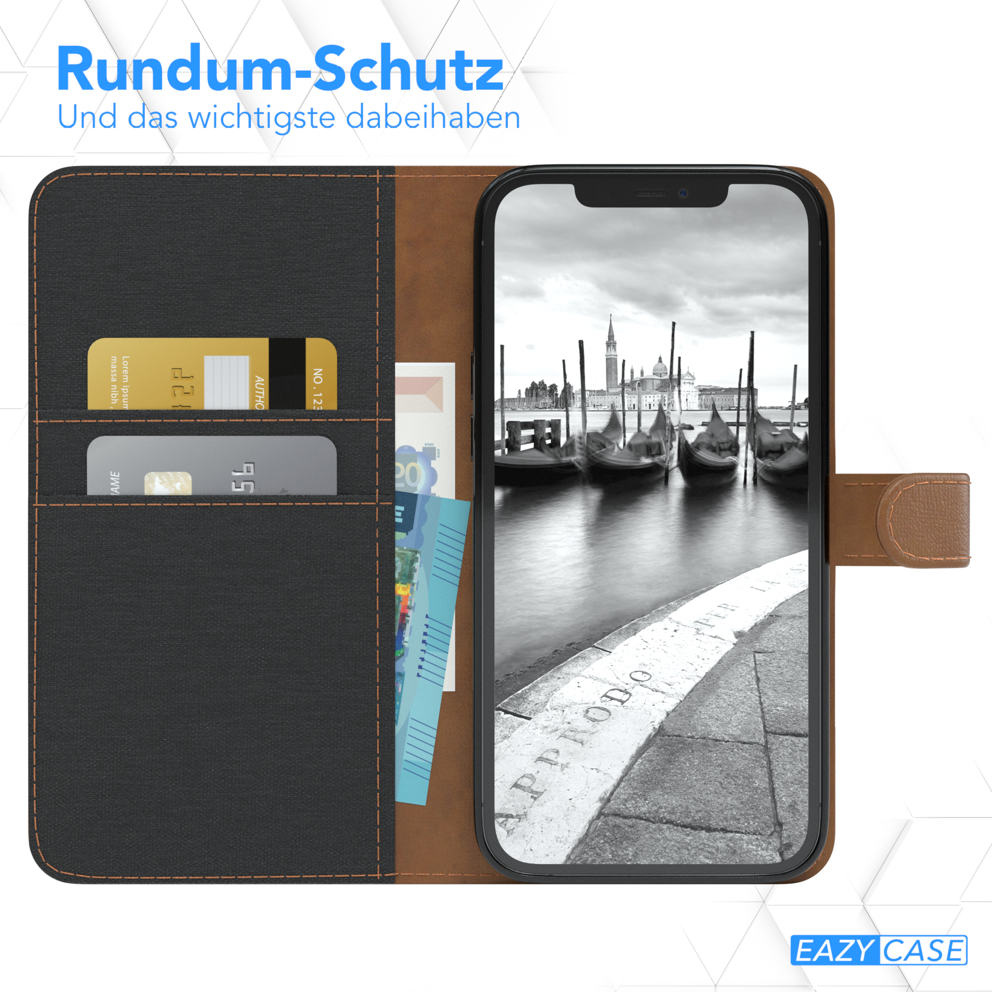 Ein Telefon in einer braunen Hülle, mit schwarzem Innenraum und einem Steckplatz für eine Karte. Der Hintergrund zeigt Gondeln und Wasser.