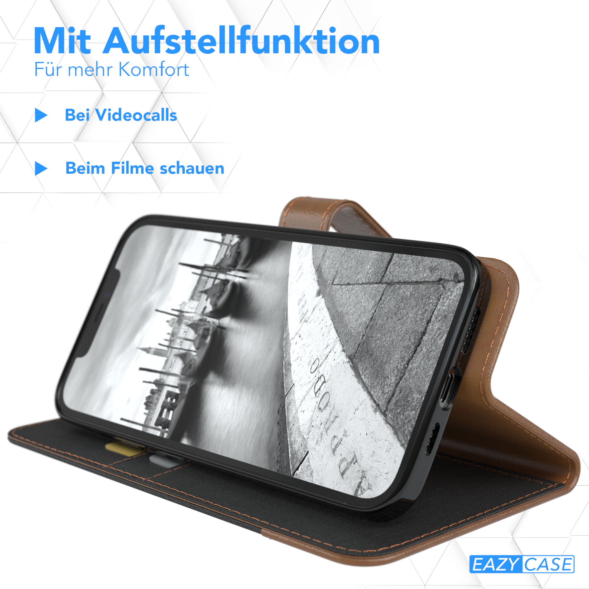 Ein Smartphone in einer Hülle, geöffnet. Text auf dem Bildschirm. Eazy Case Logo.