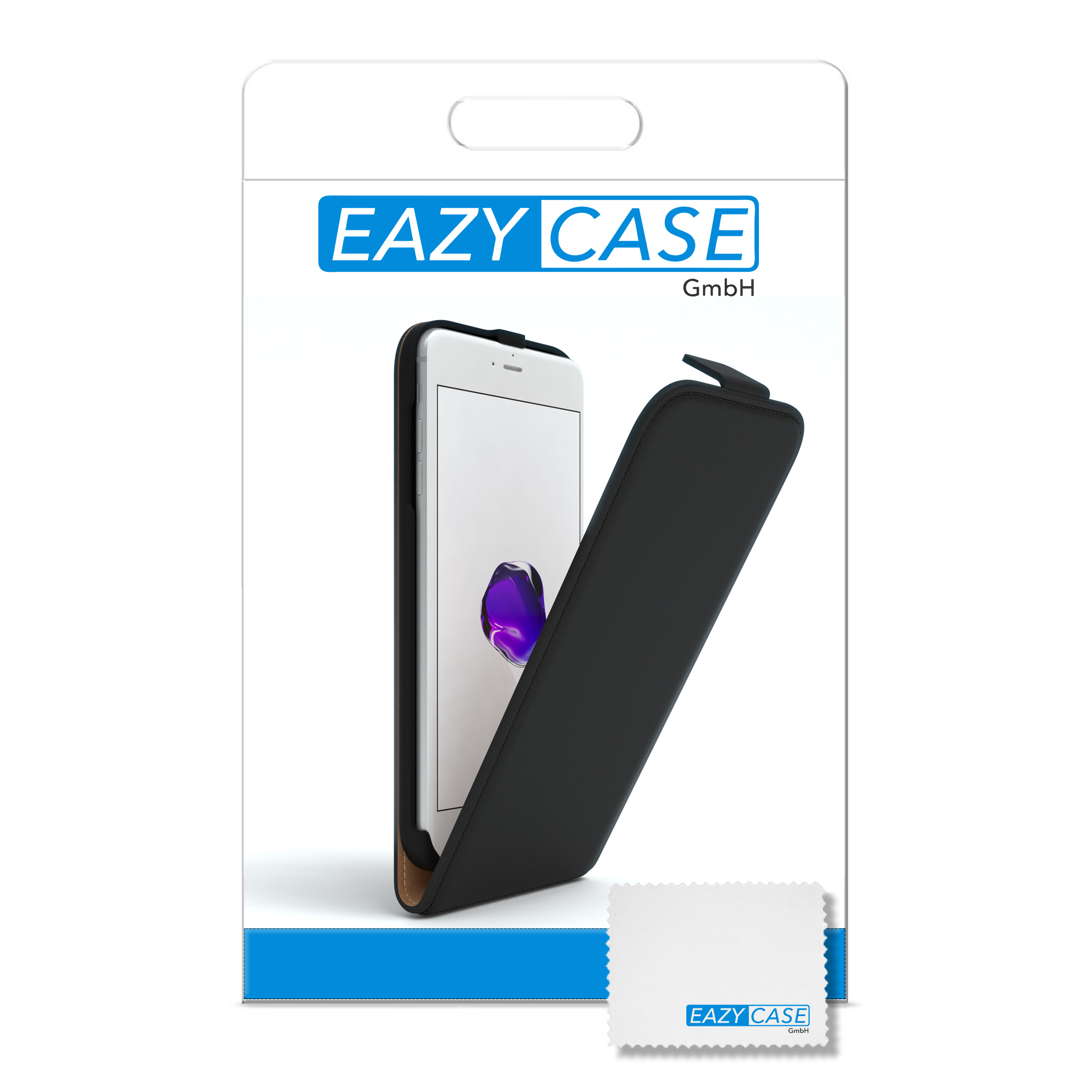 Telefon in einer schwarzen Hülle in einer Produktverpackung. Text: EAZY CASE.