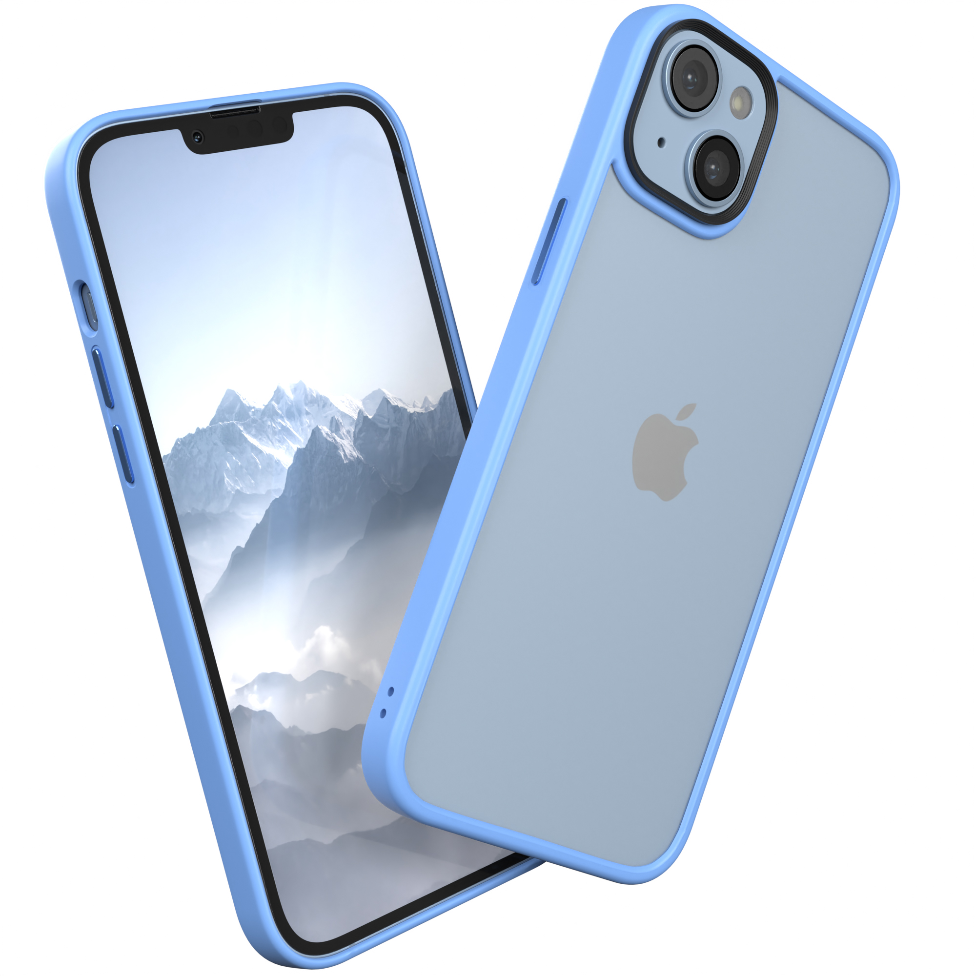 Blaue Handyhülle mit blauem Rand und hellblauem Telefon, mit Berglandschaft.