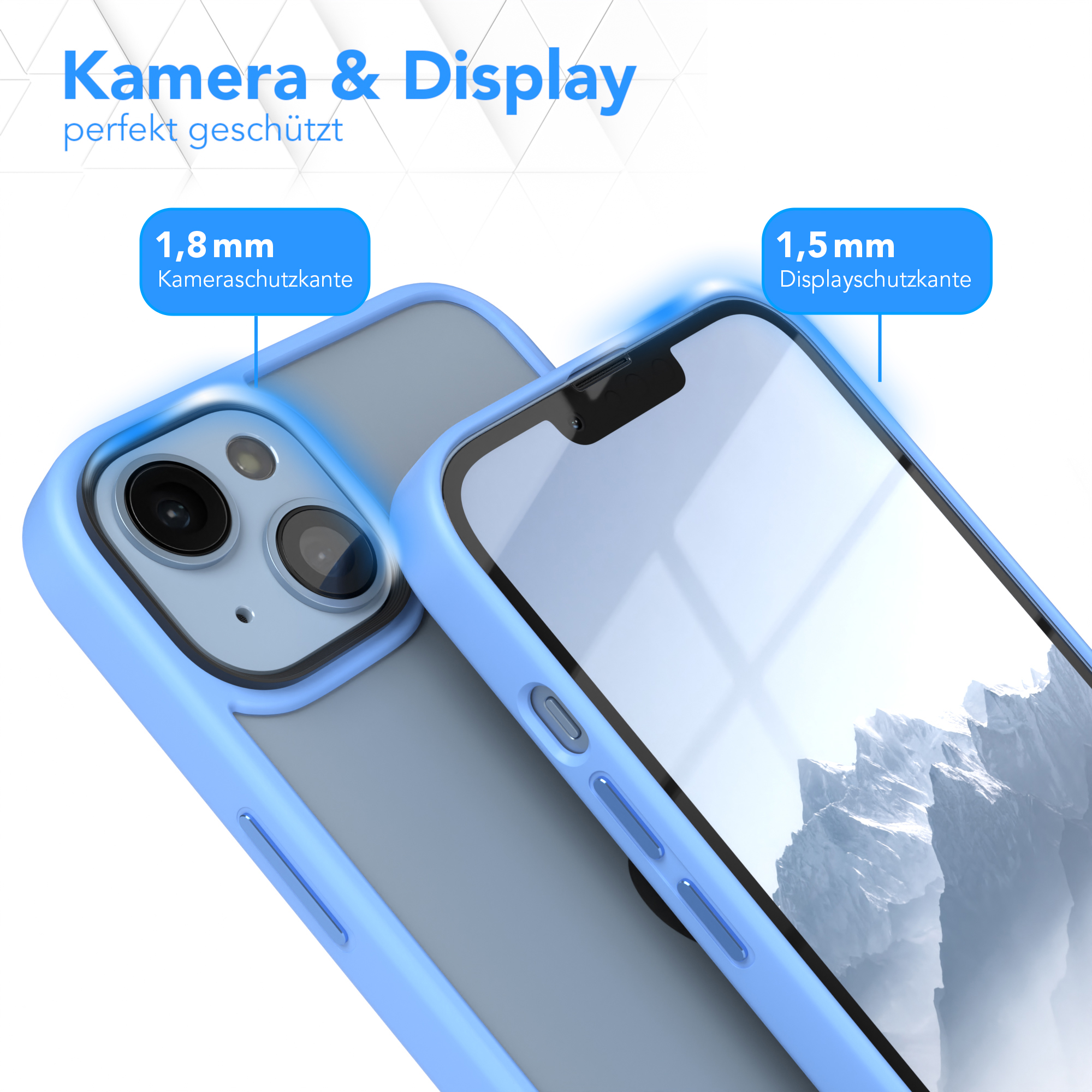 Blaue Handyhülle auf einem Telefon, die Kamera- und Displayschutz zeigt. Kameraschutz ist 1,8 mm, Display ist 1,5 mm.