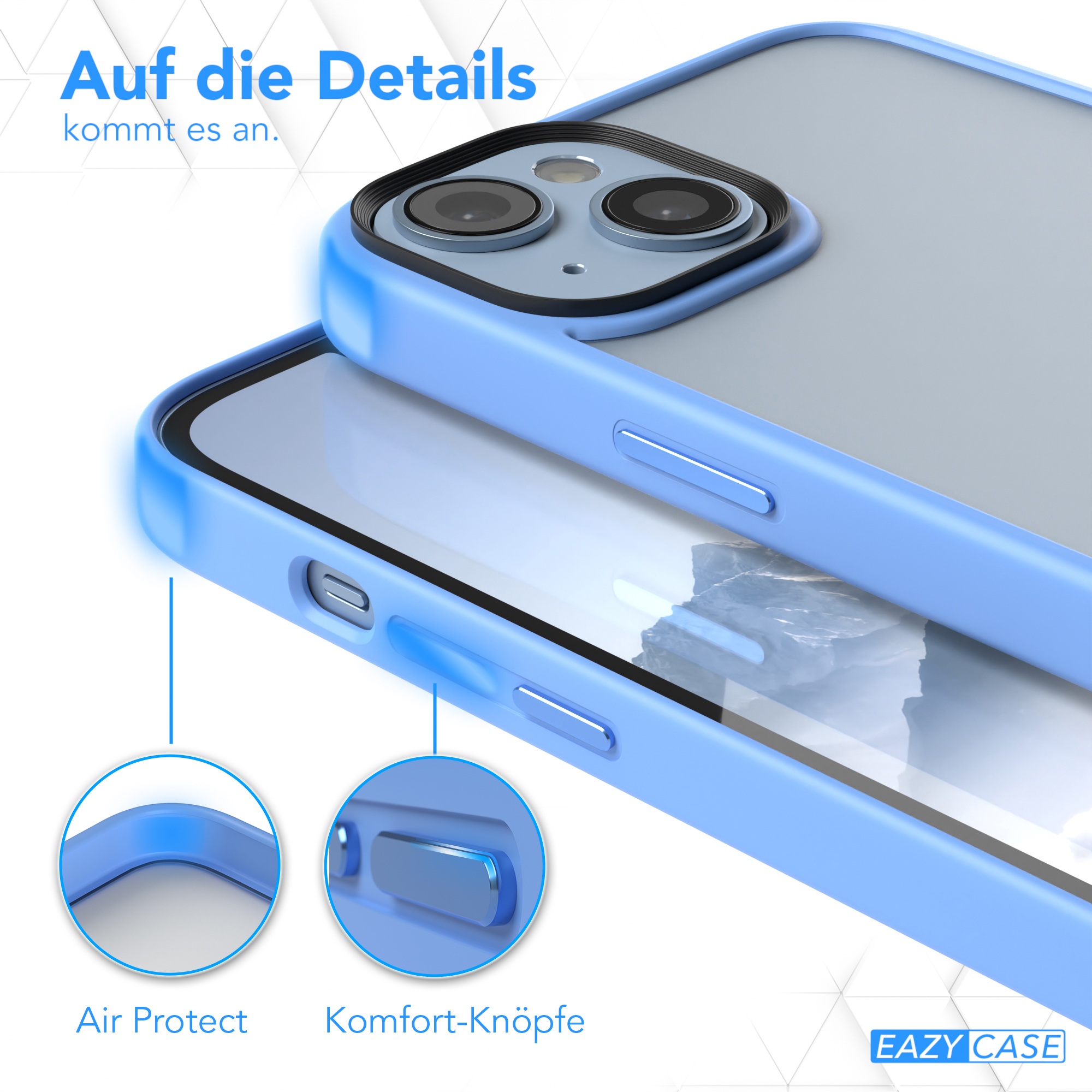 Nahaufnahme einer blauen Handyhülle. Zwei Kreise heben Merkmale hervor: Air Protect, Komfort-Tasten.