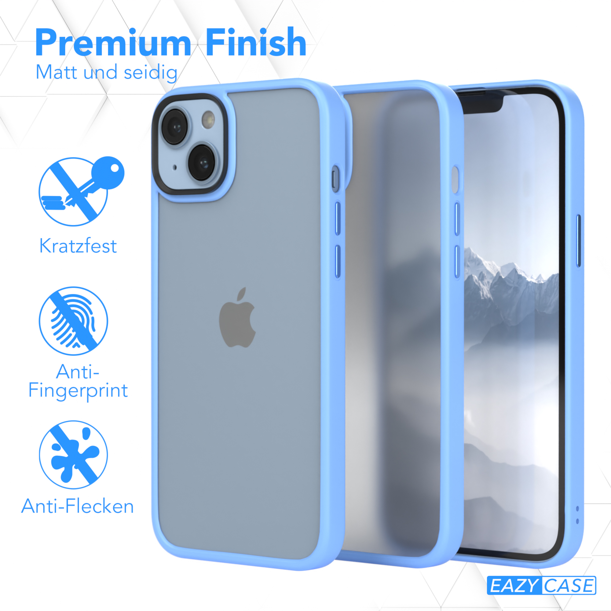 Blaue Handyhülle mit drei Teilen, die Schlüsselfunktionen und Design zeigen.