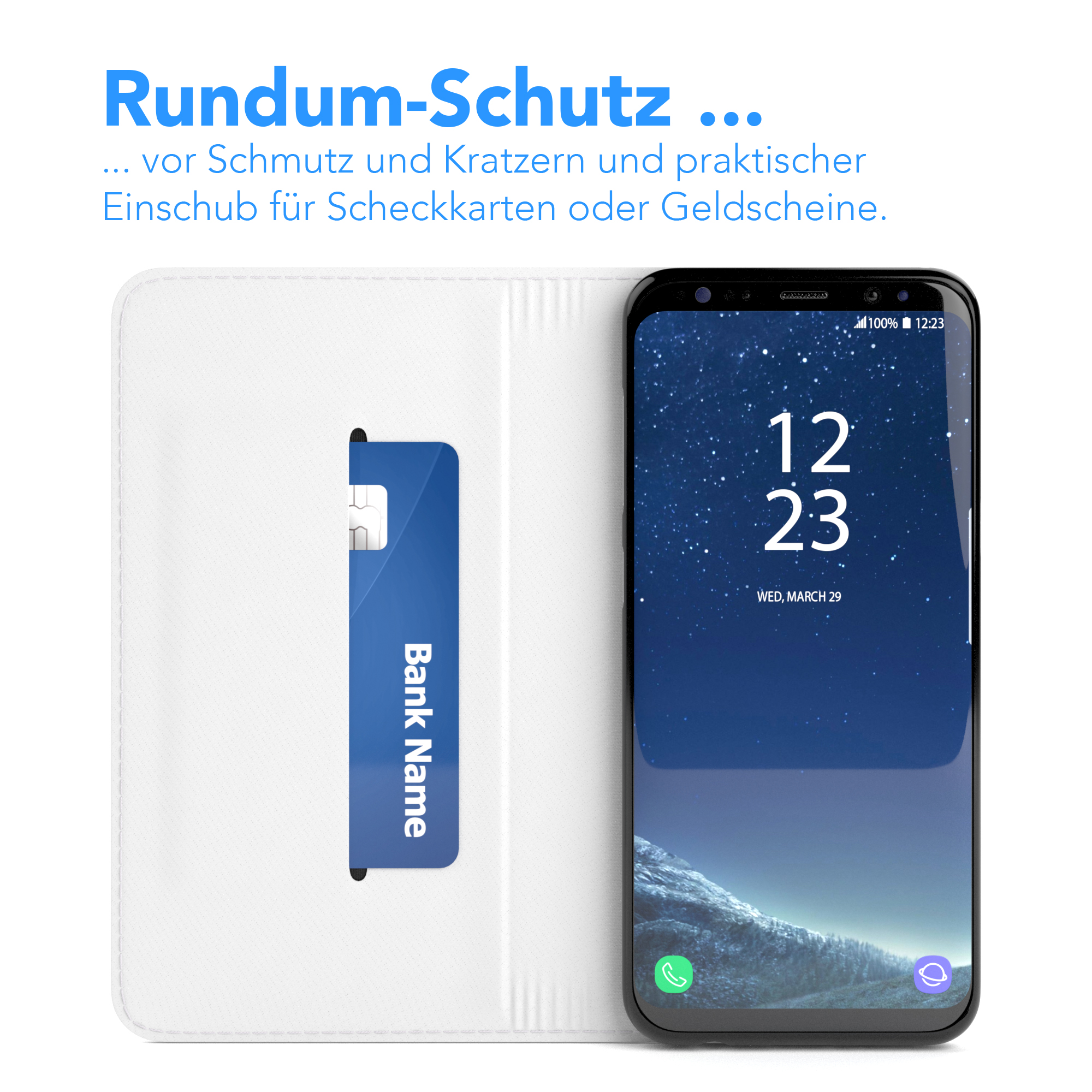 Offene Handyhülle mit Kreditkarte im Kartenfach. Der Bildschirm zeigt die Uhrzeit an.
