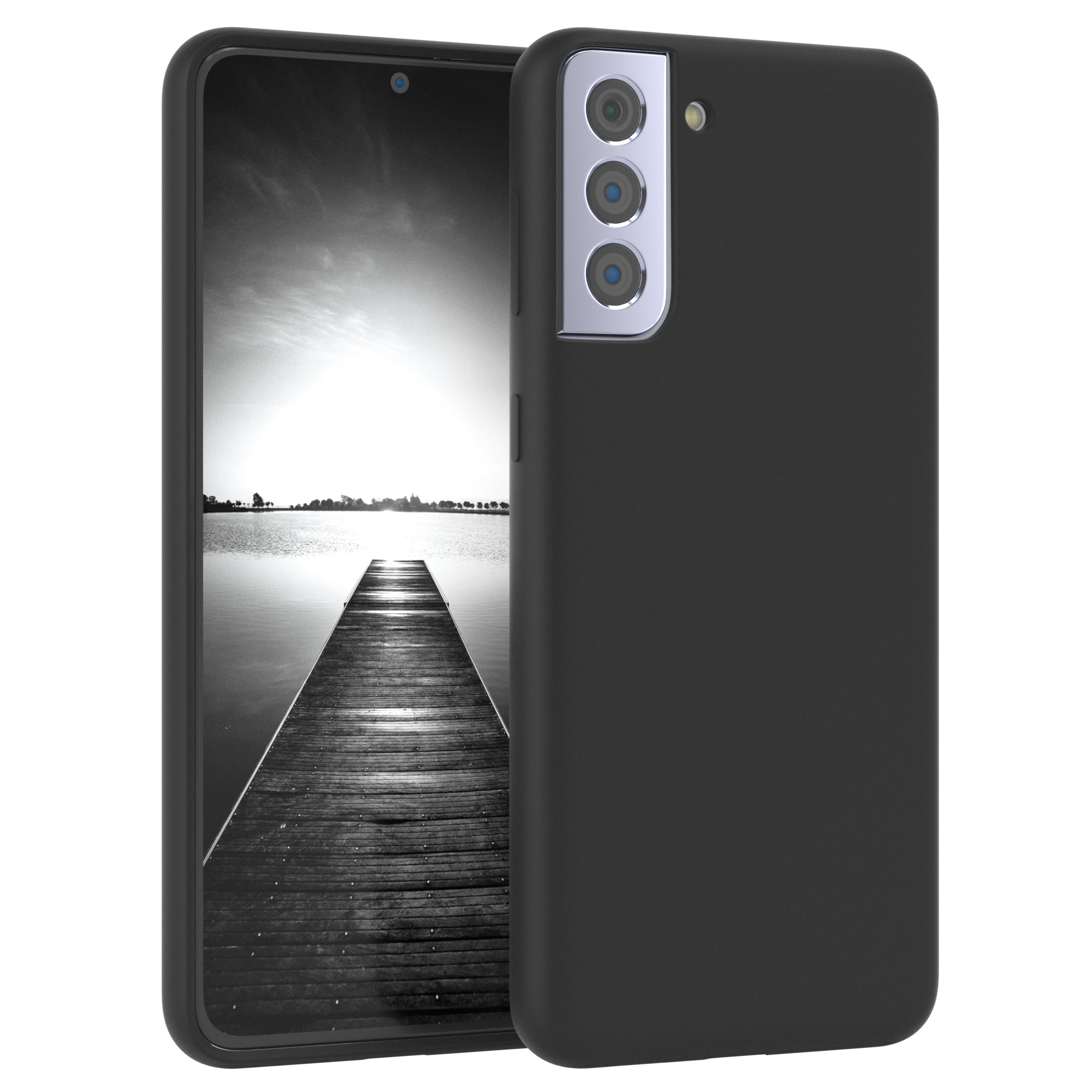 Schwarze Handyhülle. Telefon innen. Schwarz-Weiß-Bild von See und Steg.