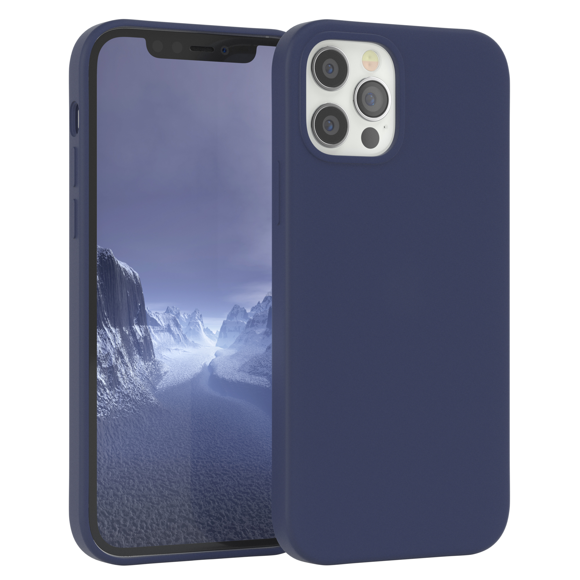 Marineblaue Handyhülle mit Telefon, das eine dunkle Landschaft zeigt. Weißer Hintergrund.