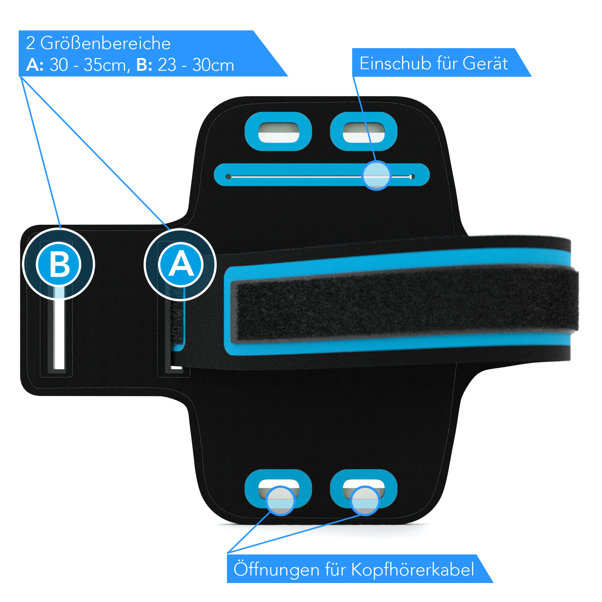 Armband mit verstellbarer Größe und Öffnungen für Kopfhörer, mit Text.