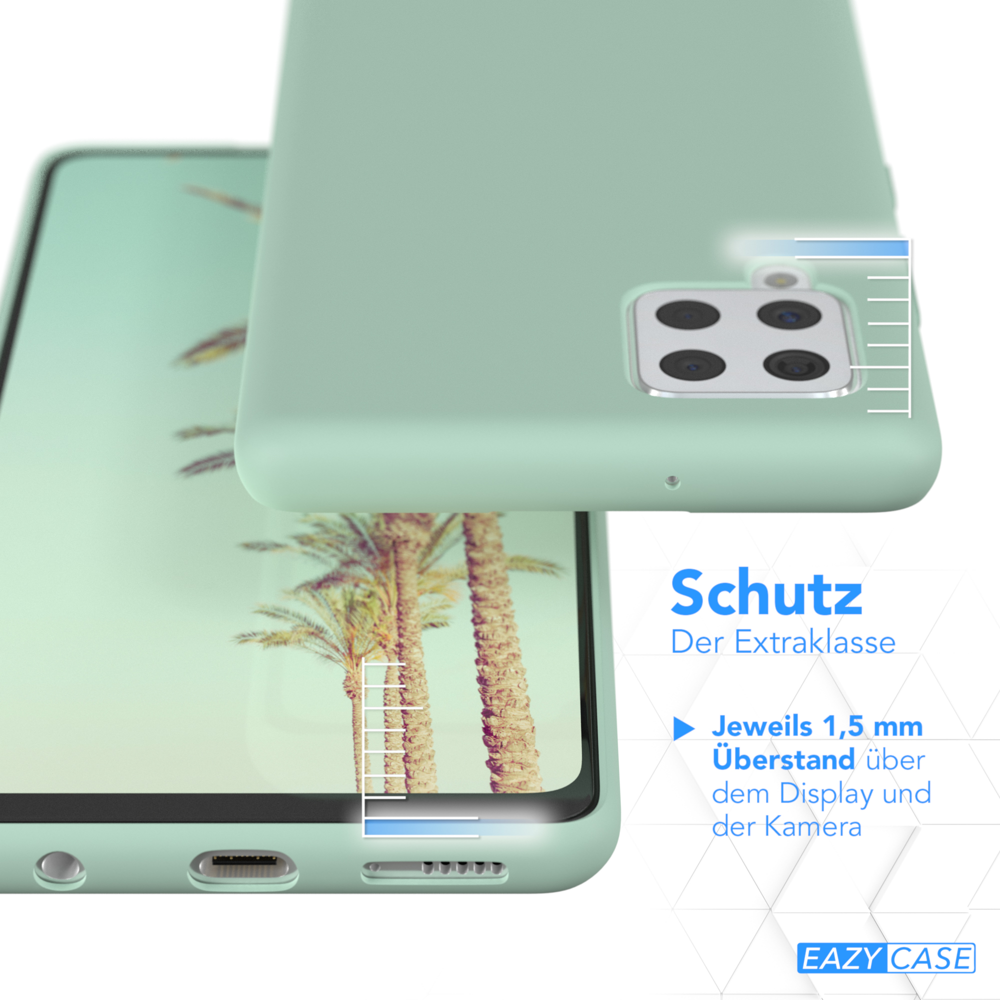 Handyhülle mit einem Telefon darin. Grüne Hülle mit Palmen-Tapete.