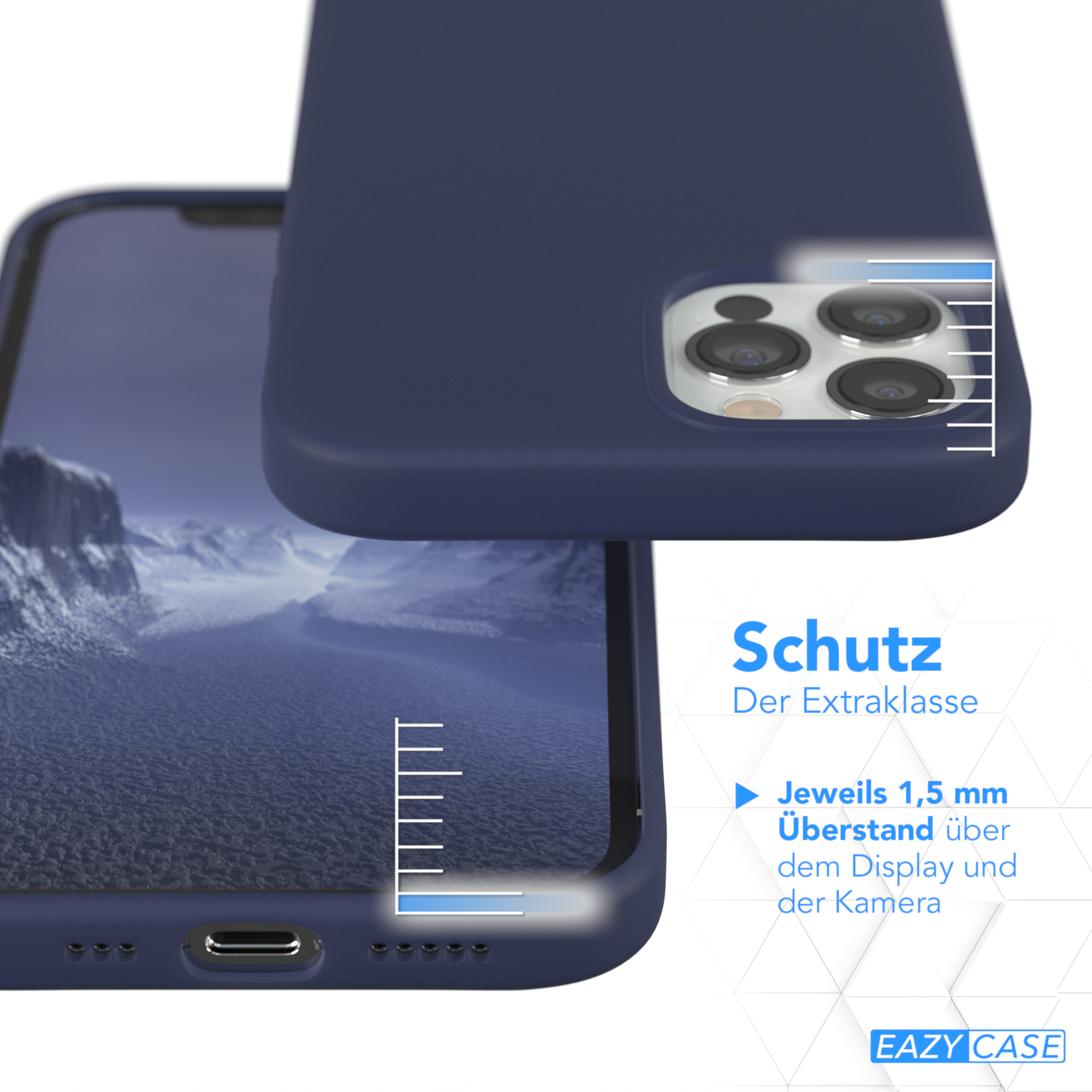 Nahaufnahme einer Handyhülle, marineblau. Text: Schutz Der Extraklasse und 1,5 mm Überstand über dem Display und der Kamera.
