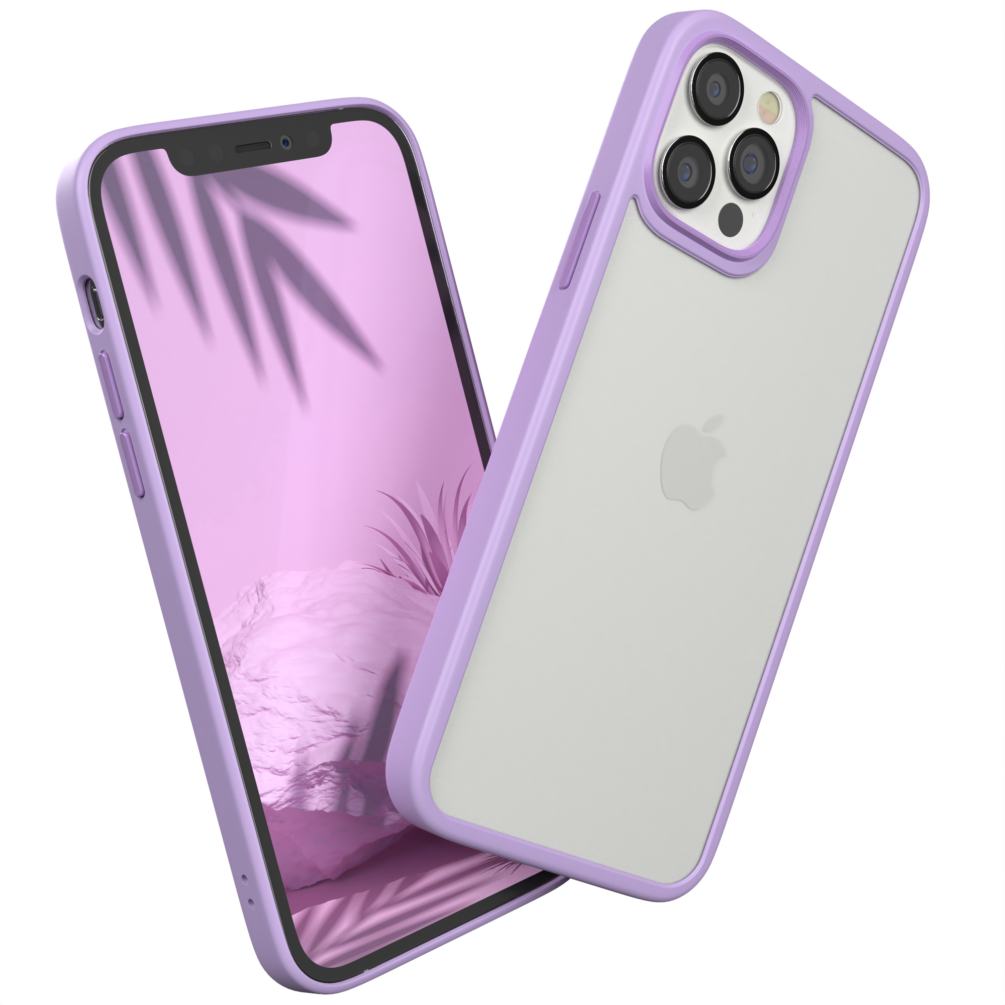 Lila Handyhülle mit Telefon. Der Bildschirm zeigt rosa Hintergrund. Die Hülle ist neben dem Telefon.