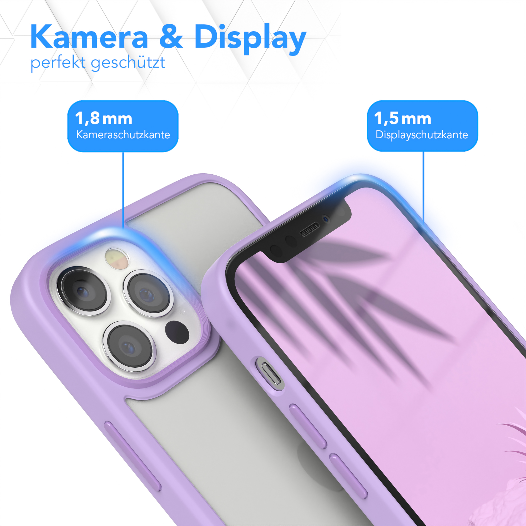 Nahaufnahme von Handyhüllen. Eine ist lila, eine ist klar. Text: Kamera & Display perfekt geschützt.