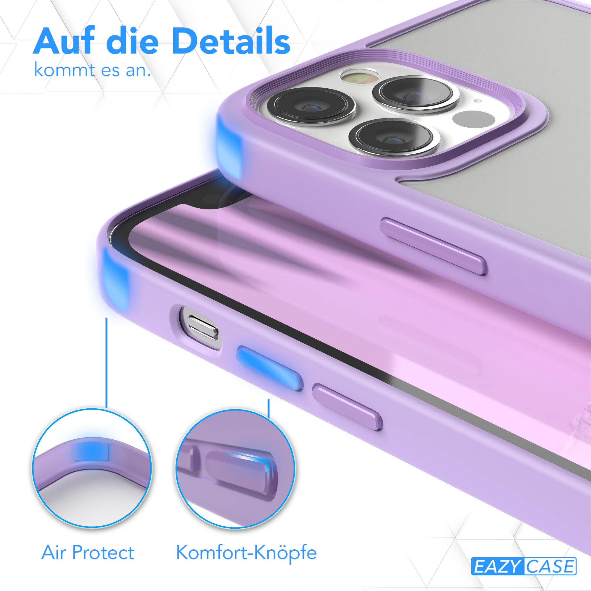 Eine lila Handyhülle mit hervorgehobenen Details, mit Text, der „Air Protect“ und „Comfort Buttons“ anzeigt.