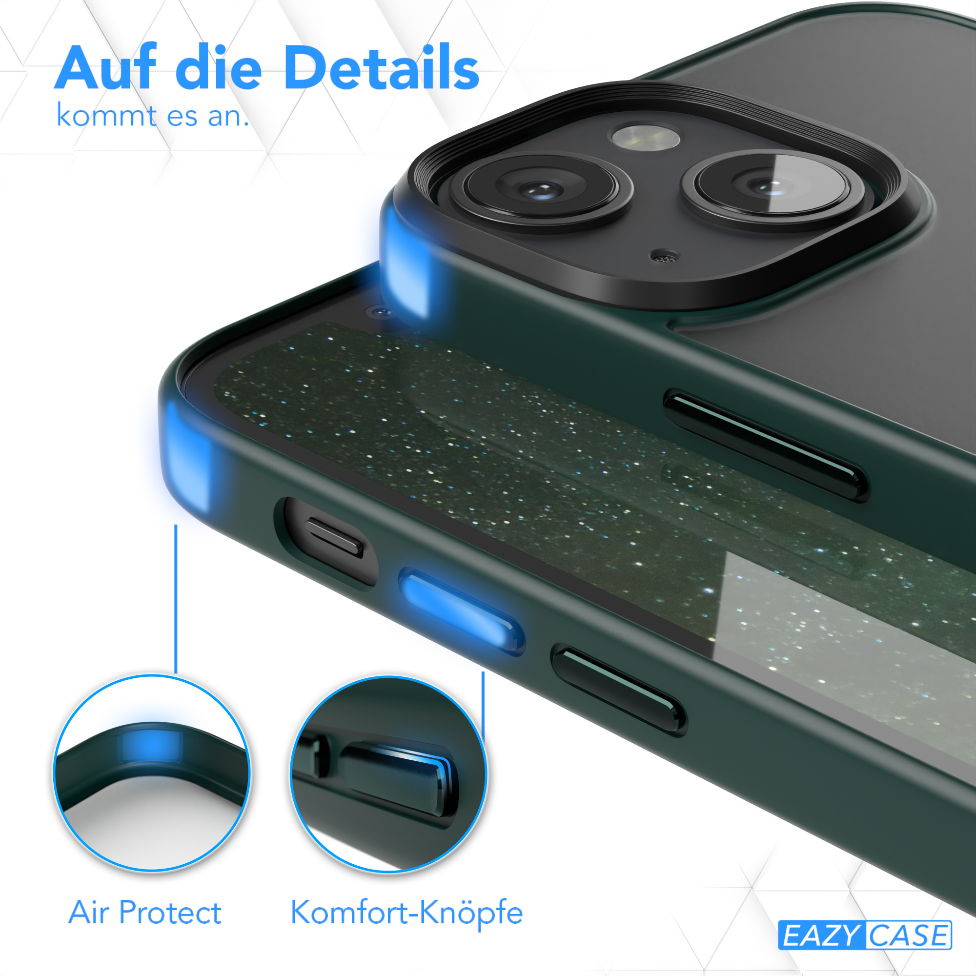 Nahaufnahme der Handyhülle mit Knöpfen und Luftschutz. Grüne Farbe.