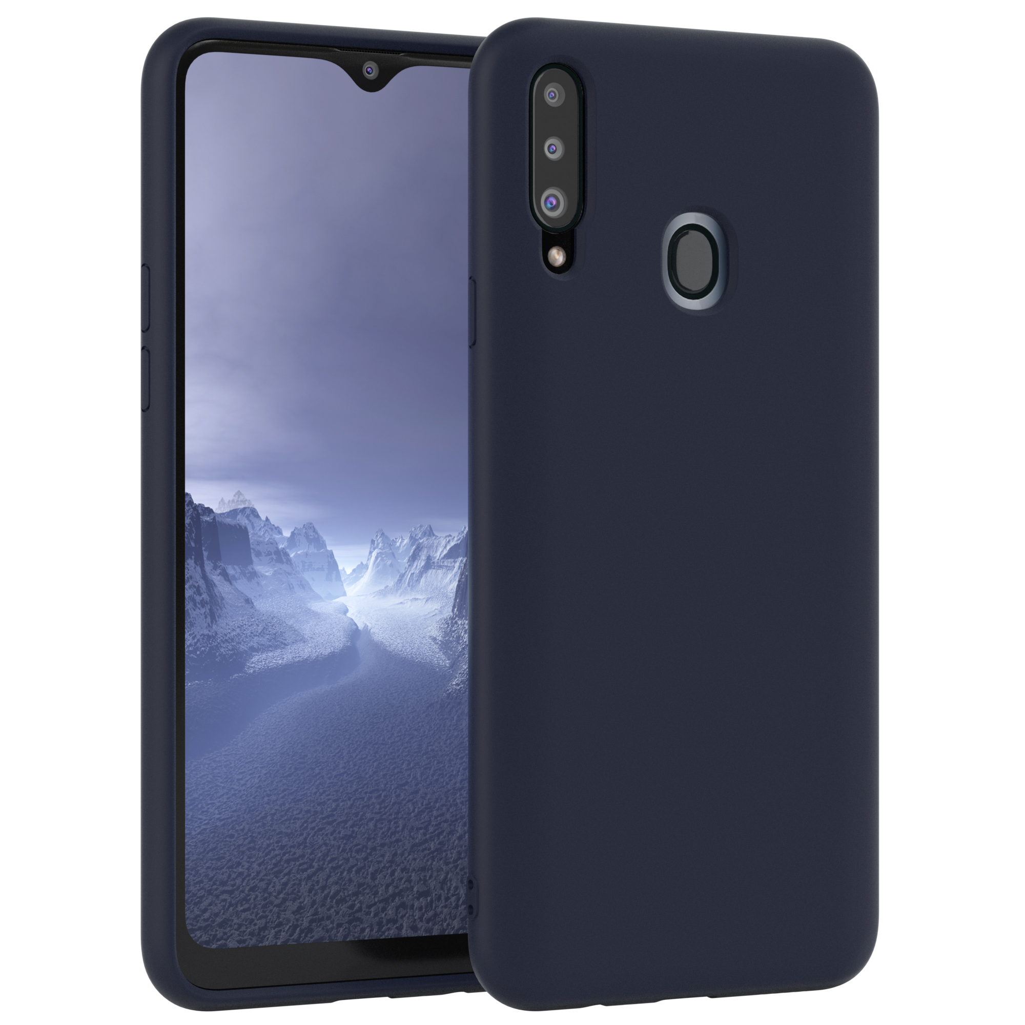 Marineblaue Handyhülle. Telefon ist sichtbar, mit Dreifachkamera und schwarzem Bildschirm.