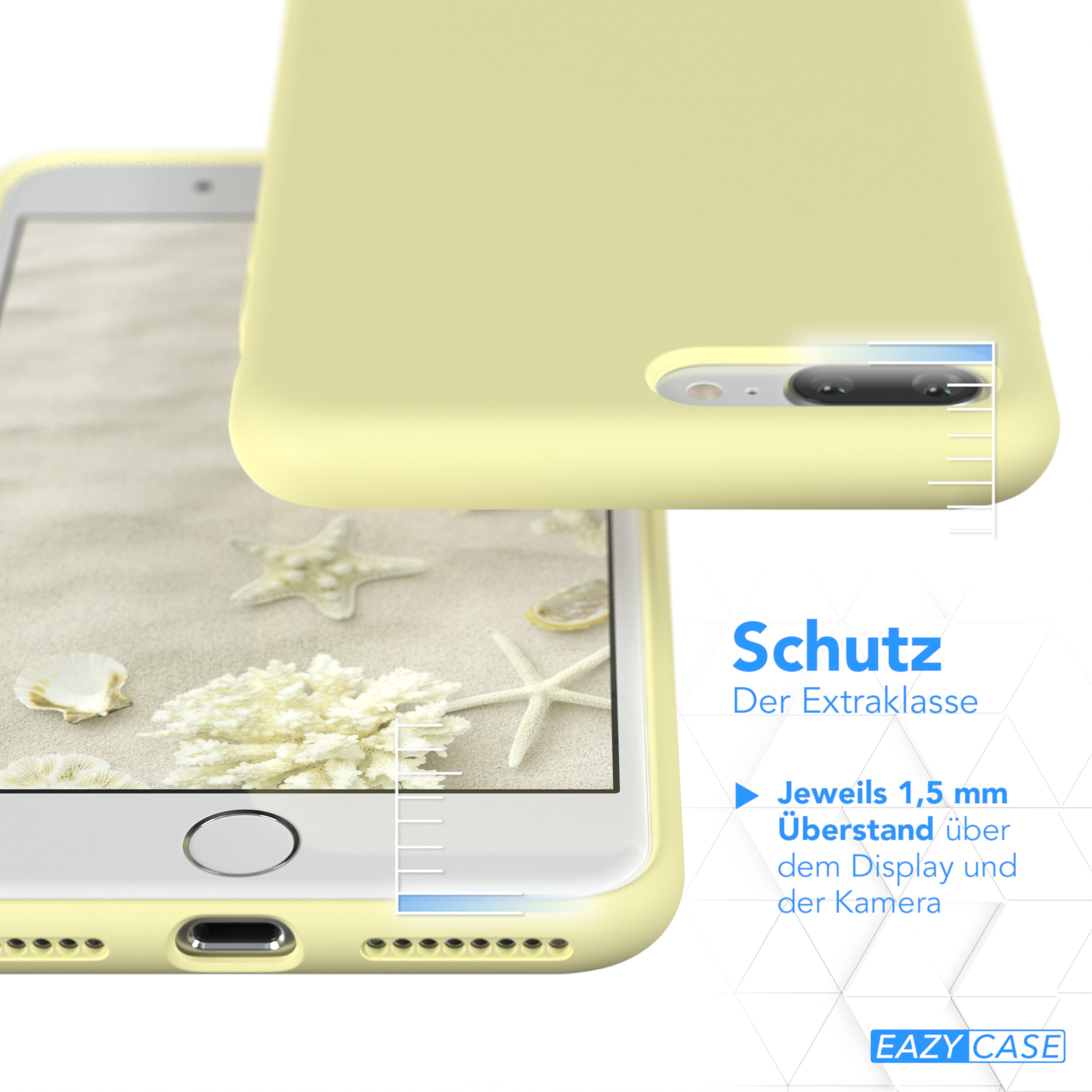 Nahaufnahme einer Handyhülle, mit Strandhintergrund. Textüberlagerung.
