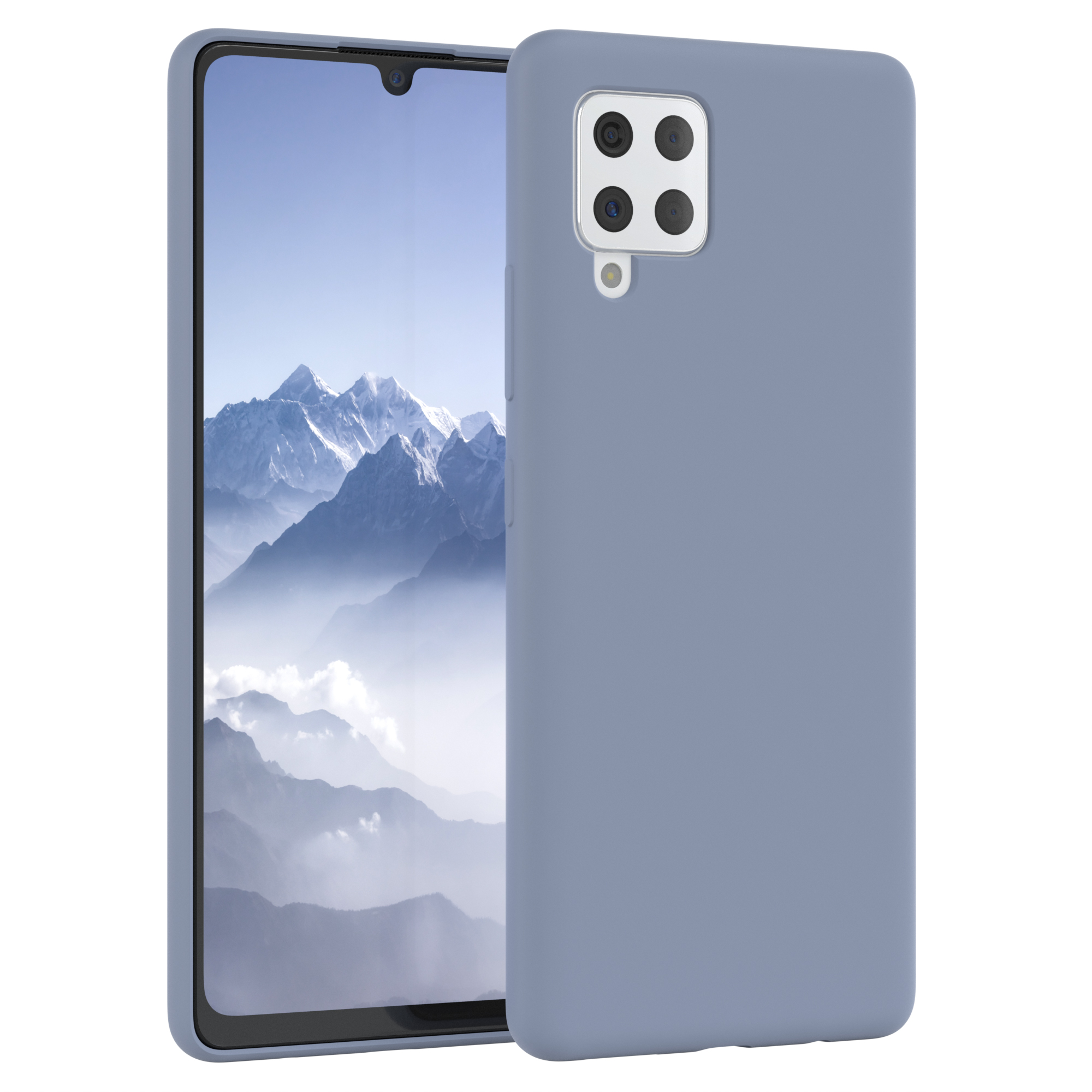 Blaue Handyhülle. Telefon innen. Hintergrund: Berge in der Ferne.