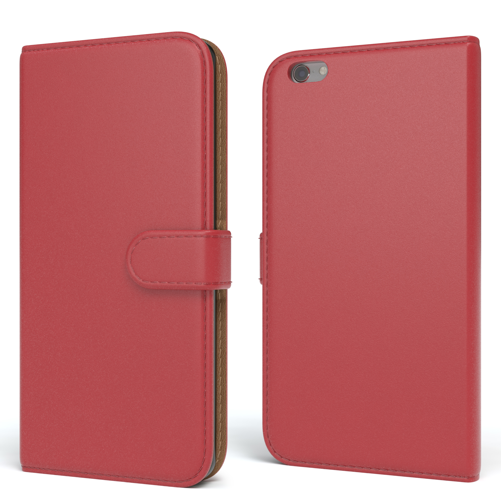 Rote Leder-Handyhülle, geschlossen und offen, mit einem sichtbaren Telefon.