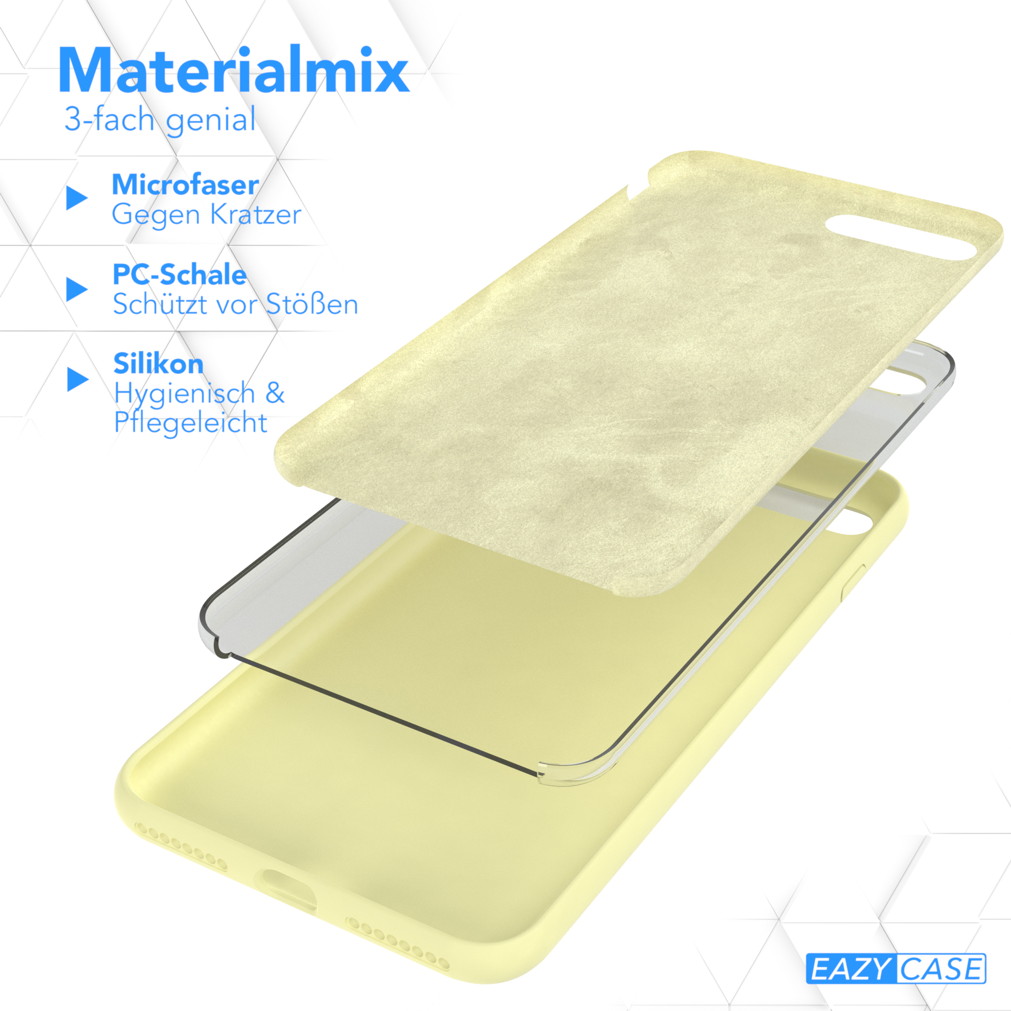 Mehrschichtige Handyhülle mit Text: Materialmix. Mikrofaser, PC-Schale und Silikon.