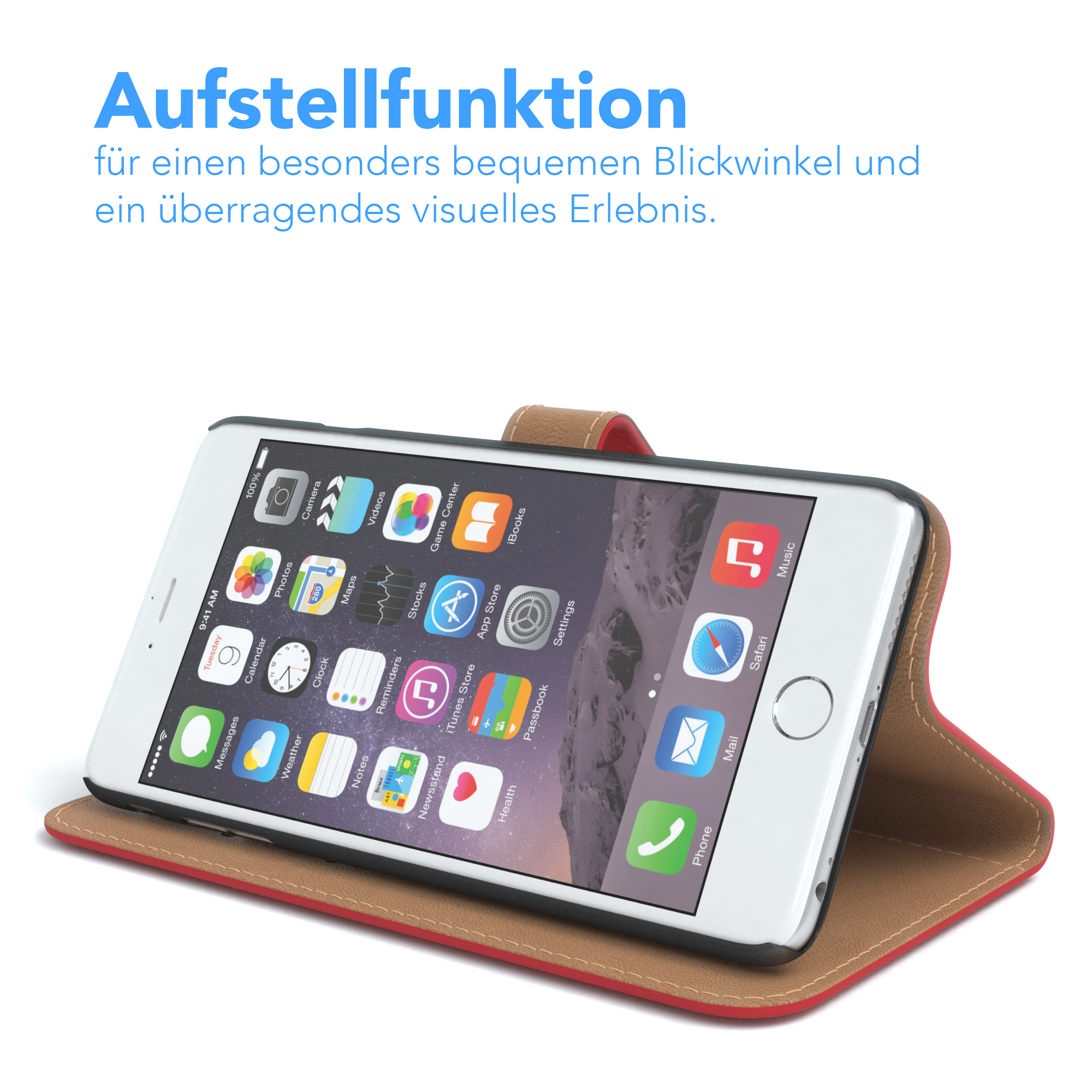 Telefon in geöffneter Hülle, stehend. Text: Aufstellfunktion.