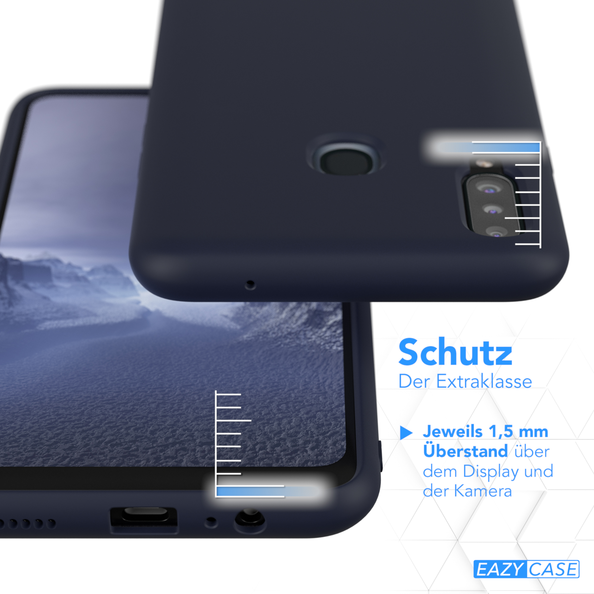 Handyhülle über einem Telefon. Text zeigt 1,5 mm Abdeckung über Display und Kamera.