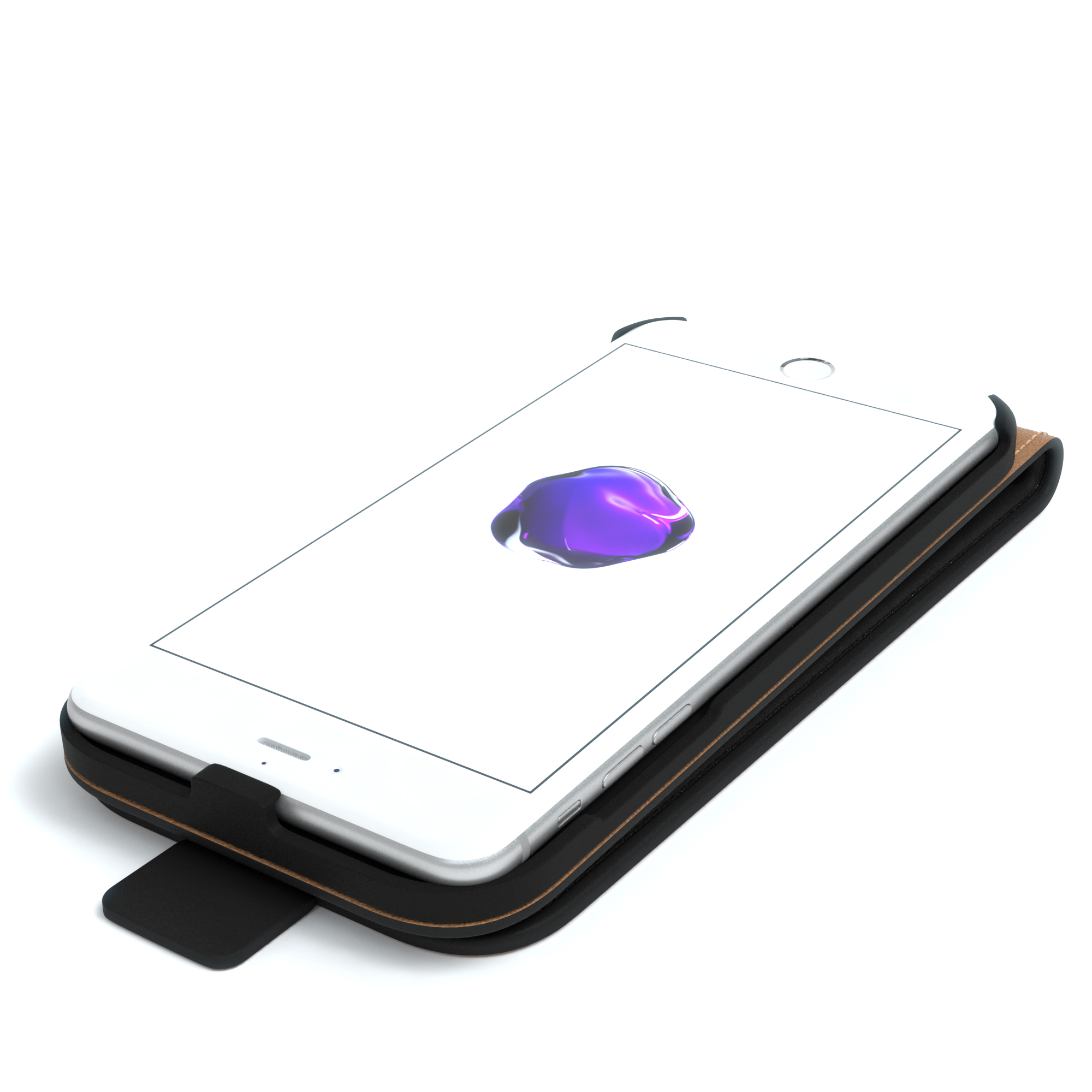 Weißes Telefon in einer schwarz-braunen Lederhülle, isoliert.