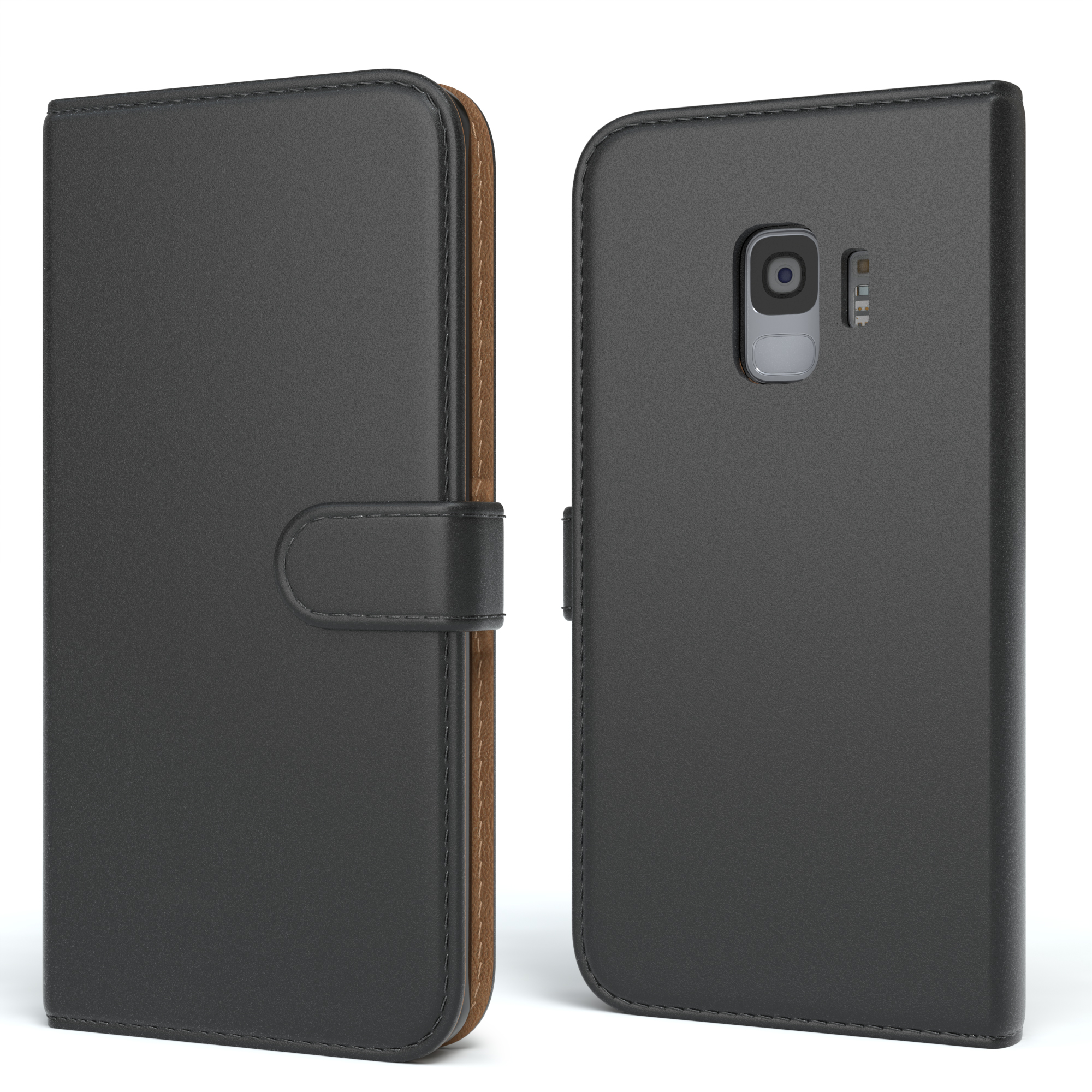 Zwei schwarze Leder-Handyhüllen, eine offen, die Telefonkamera zeigend, die andere geschlossen.