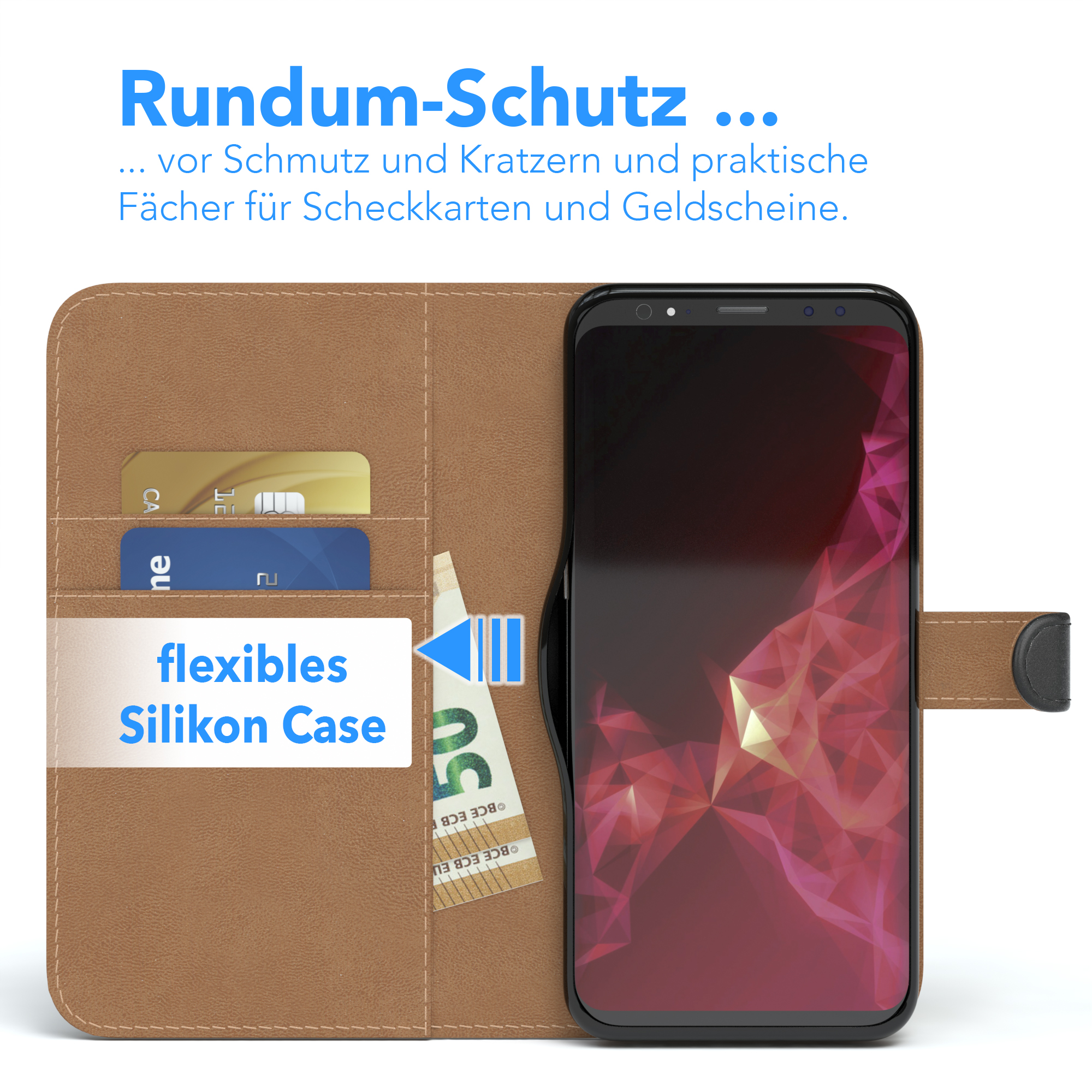 Eine Handyhülle mit einem Telefon, Karten und einem 50-Euro-Schein. Es liegt auf einer braunen Oberfläche.
