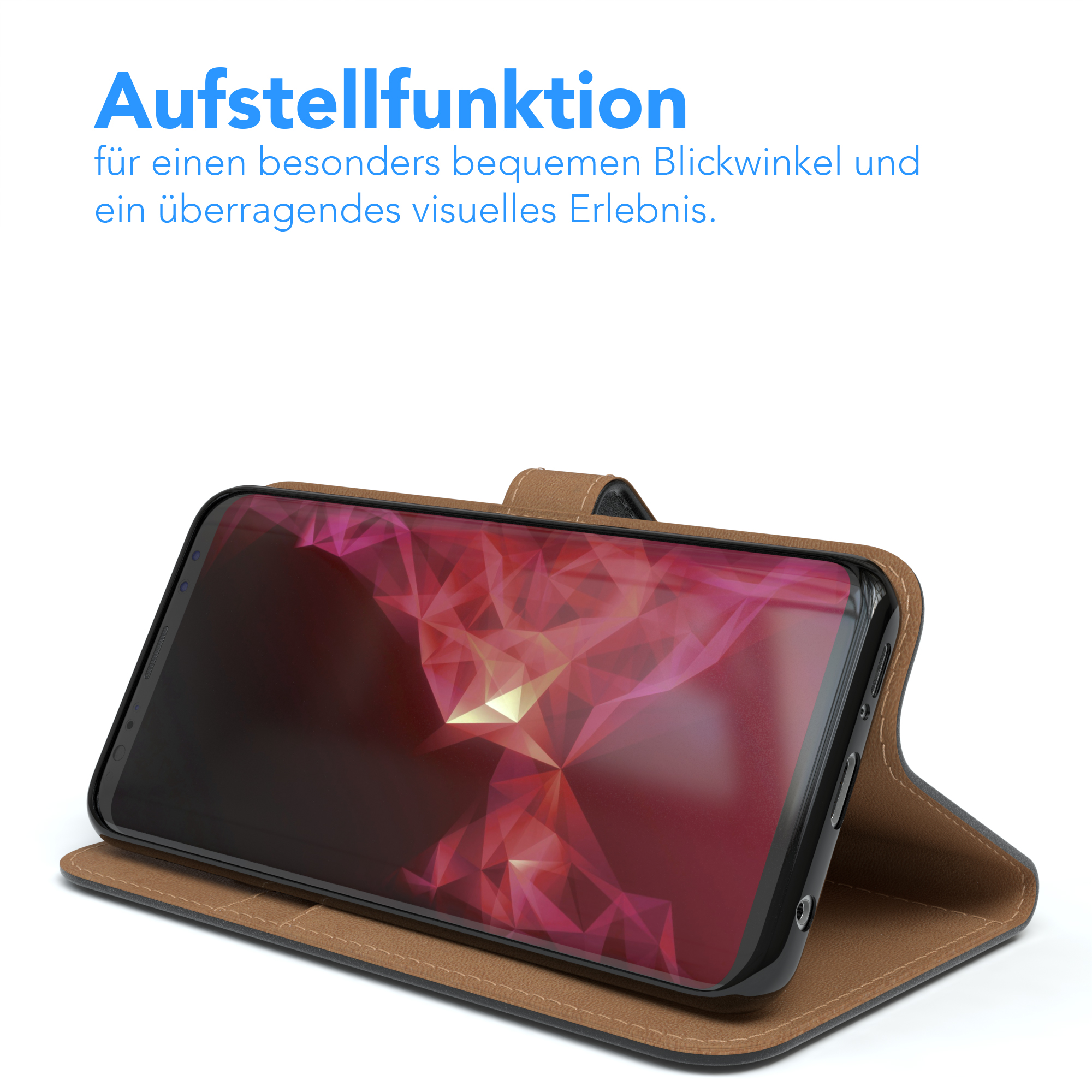Telefon in brauner Lederhülle aufgestellt. Telefon zeigt rotes Design.
