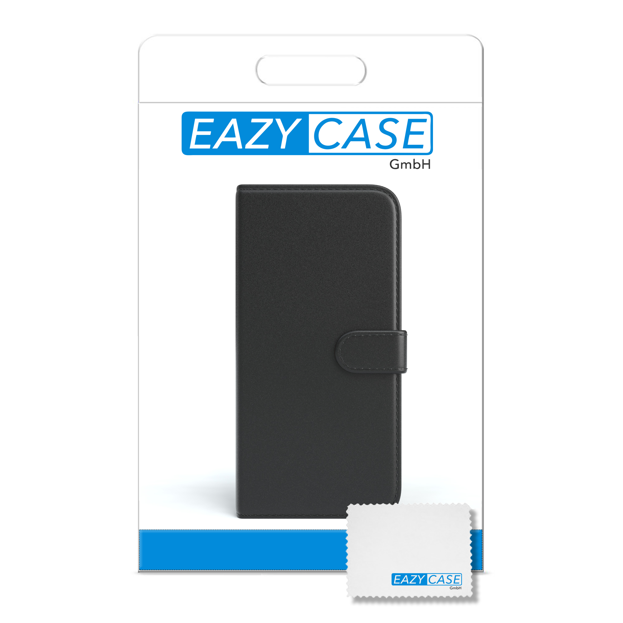 Eine schwarze Handyhülle in einer weißen Verpackung. Der Markenname EAZY CASE ist sichtbar.