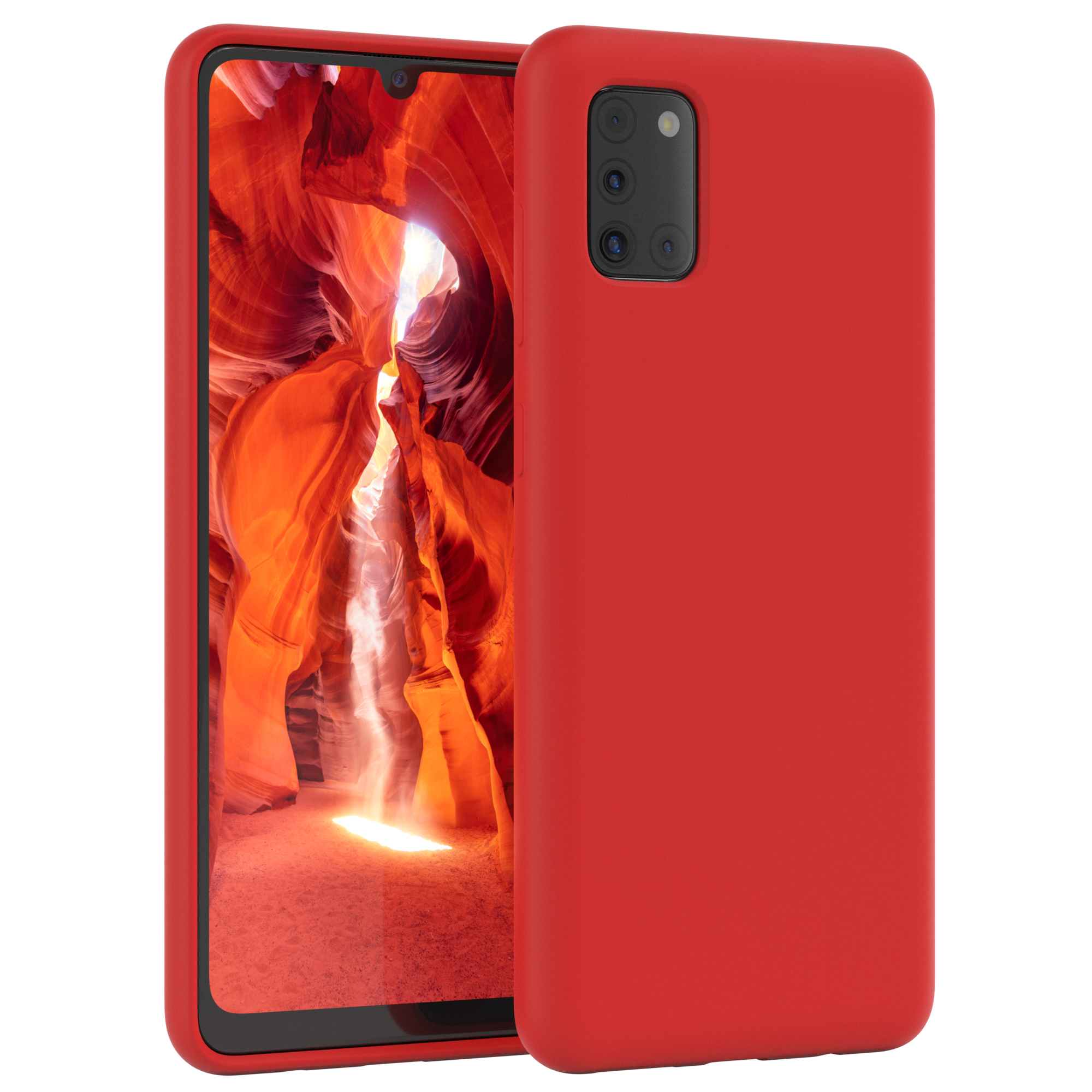 Eine rote Handyhülle mit einem Telefon darin. Der Bildschirm zeigt eine Landschaft.