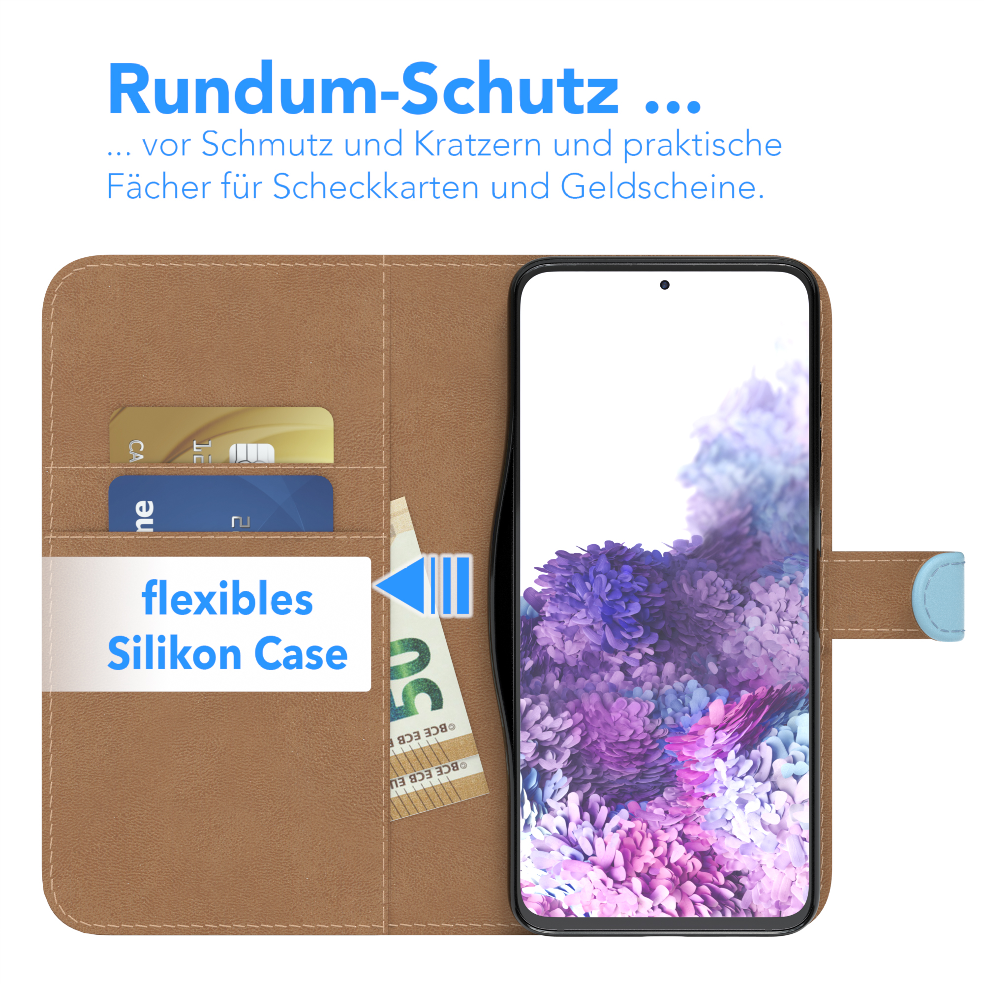 Geöffnete Handyhülle mit Karten und Geld, das Telefon mit floralem Hintergrund zeigend.