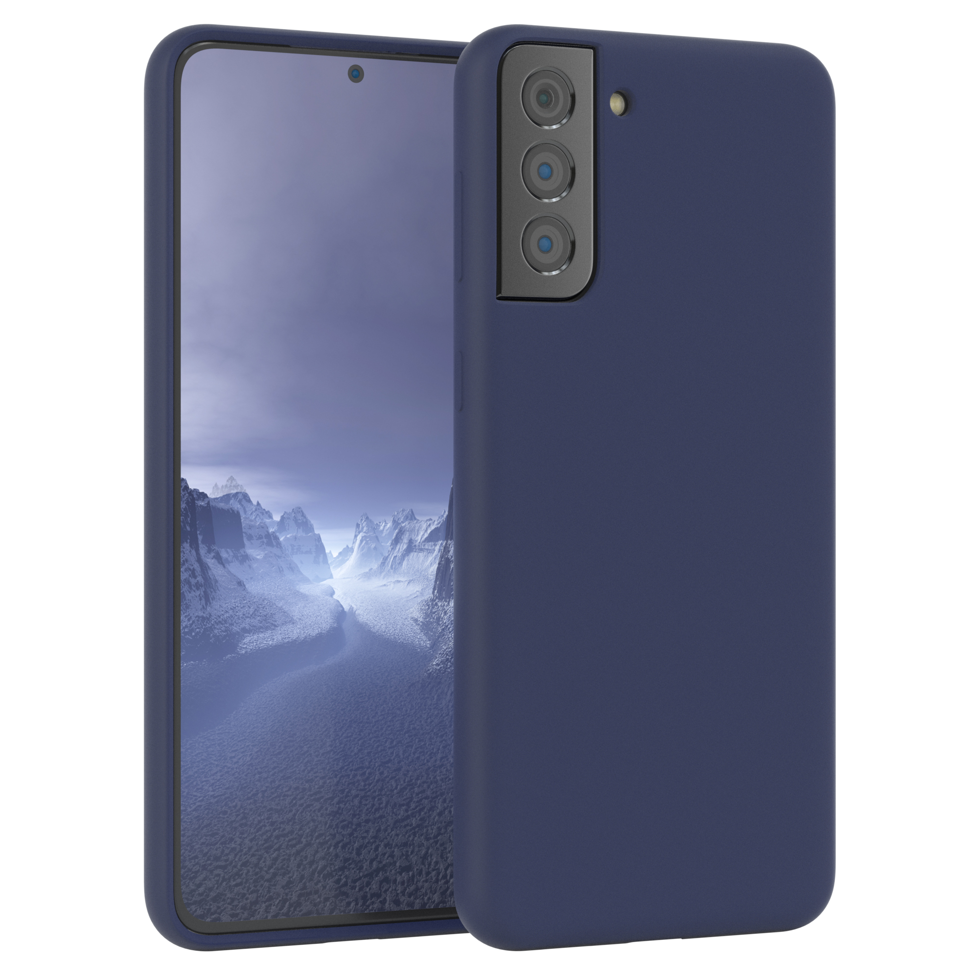 Dunkelblaue Handyhülle mit Telefon. Das Telefon zeigt eine Landschaftsszene.