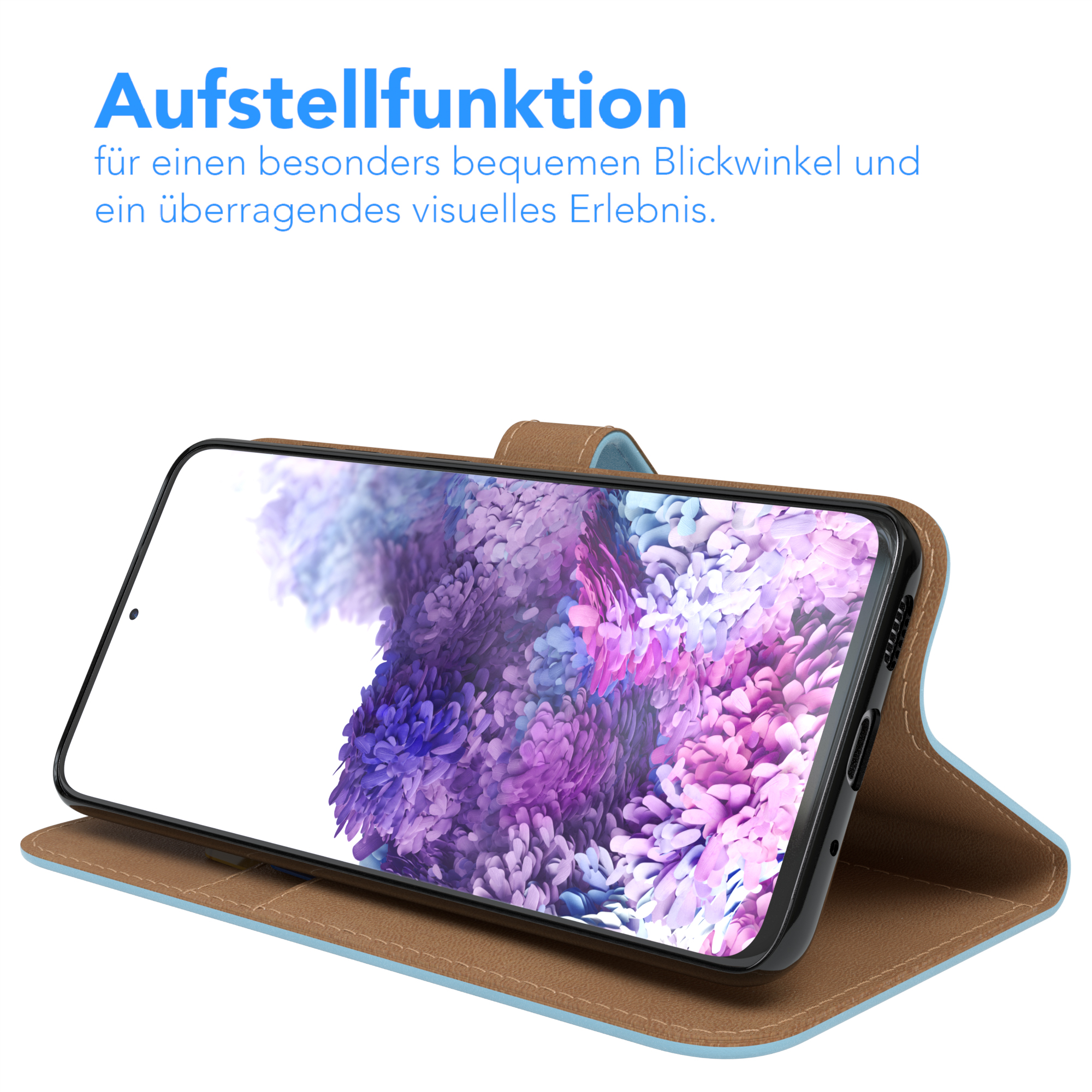 Telefon in einer Hülle, nach oben abgewinkelt. Die Hülle ist braun mit hellblauem Innenraum.