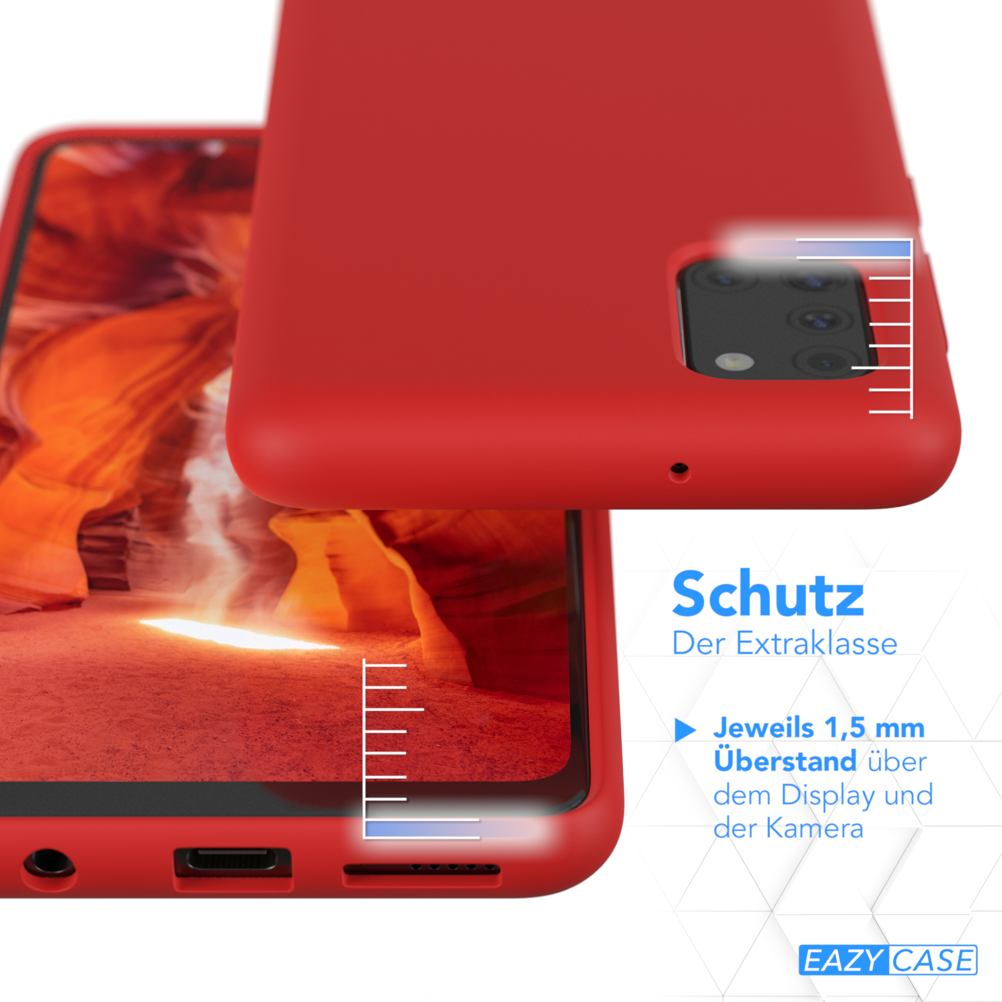 Eine rote Handyhülle mit rotem Telefon darin. Die Hülle ist geöffnet und zeigt die Rückseite des Telefons.