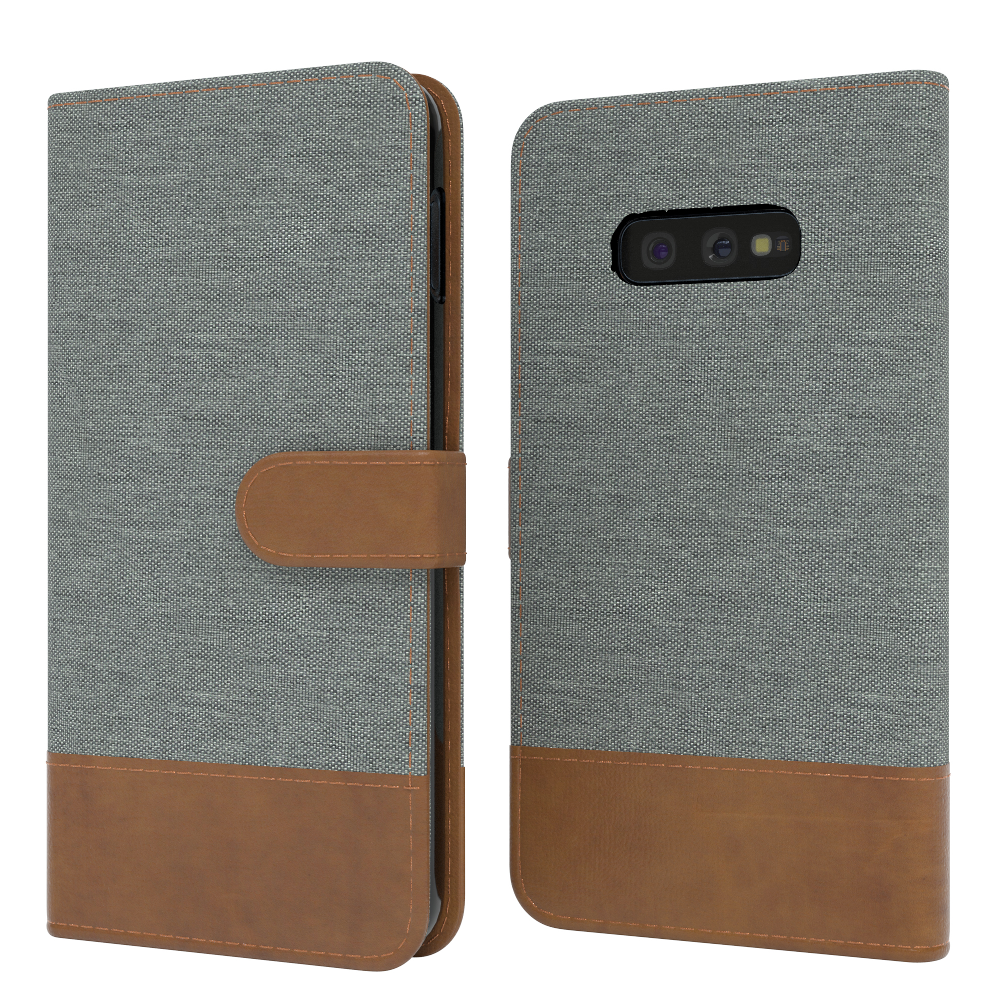 Graues Stoff-Handycase mit braunem Lederboden. Das Handycase ist offen und geschlossen.