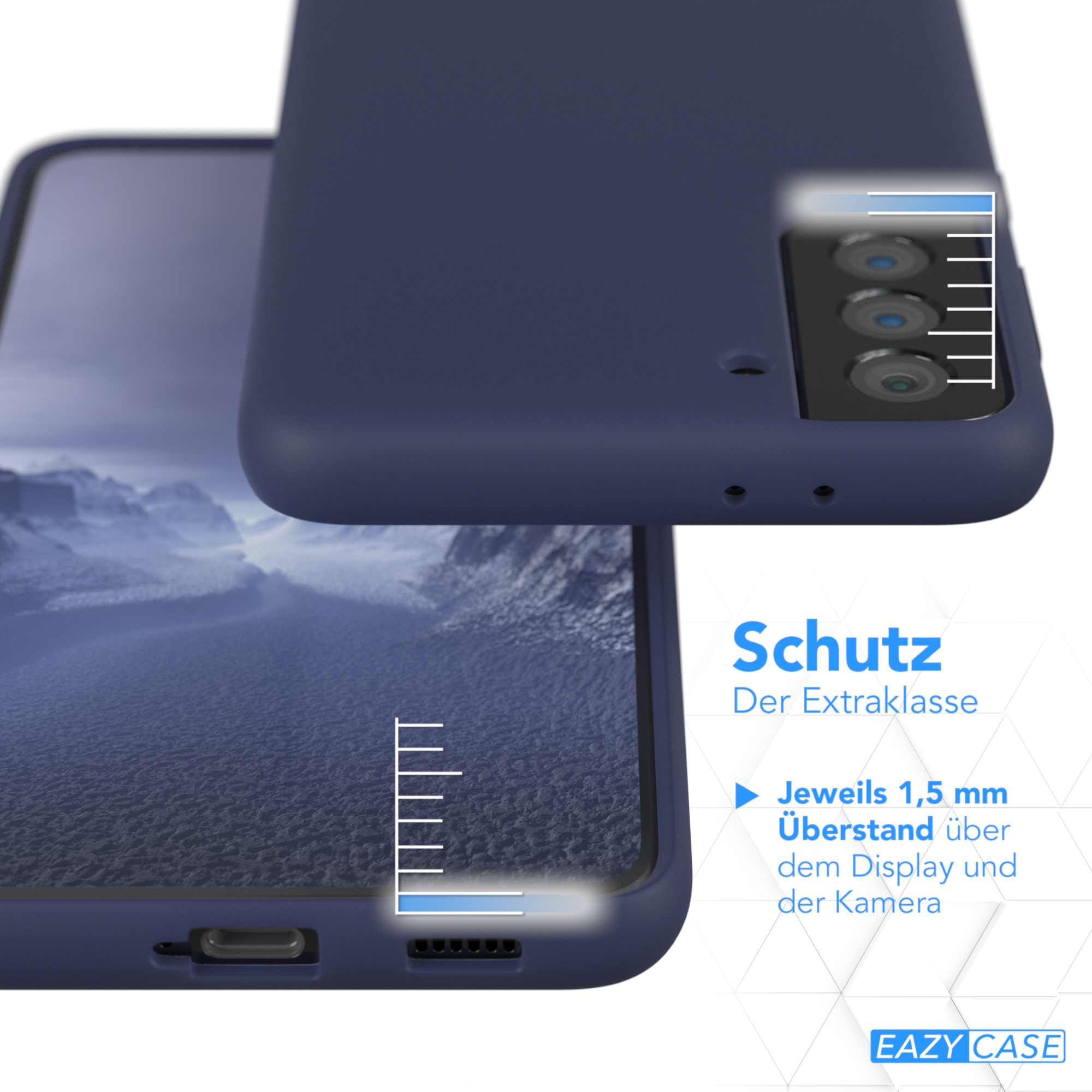 Dunkelblaue Handyhülle mit Telefon, Text über den zusätzlichen Schutz.