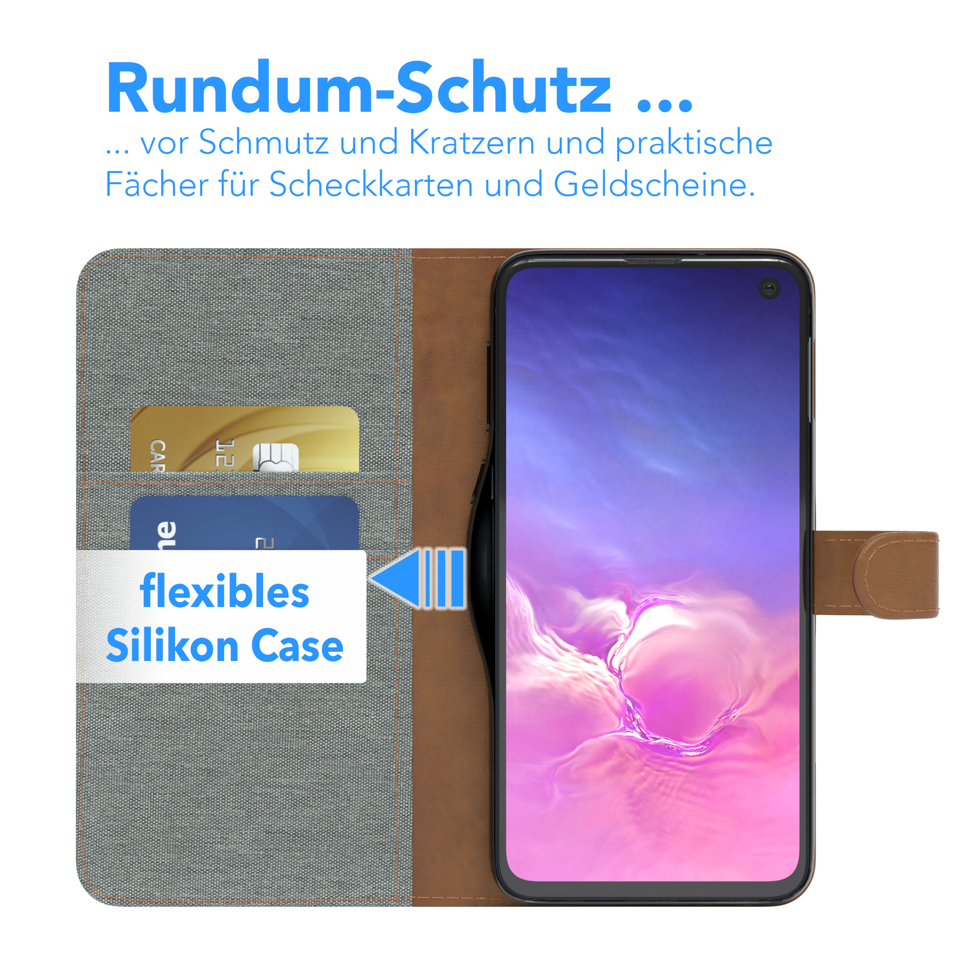 Handyhülle mit Karten darin. Text sagt 'flexibles Silikon Case' und 'Schutz'.