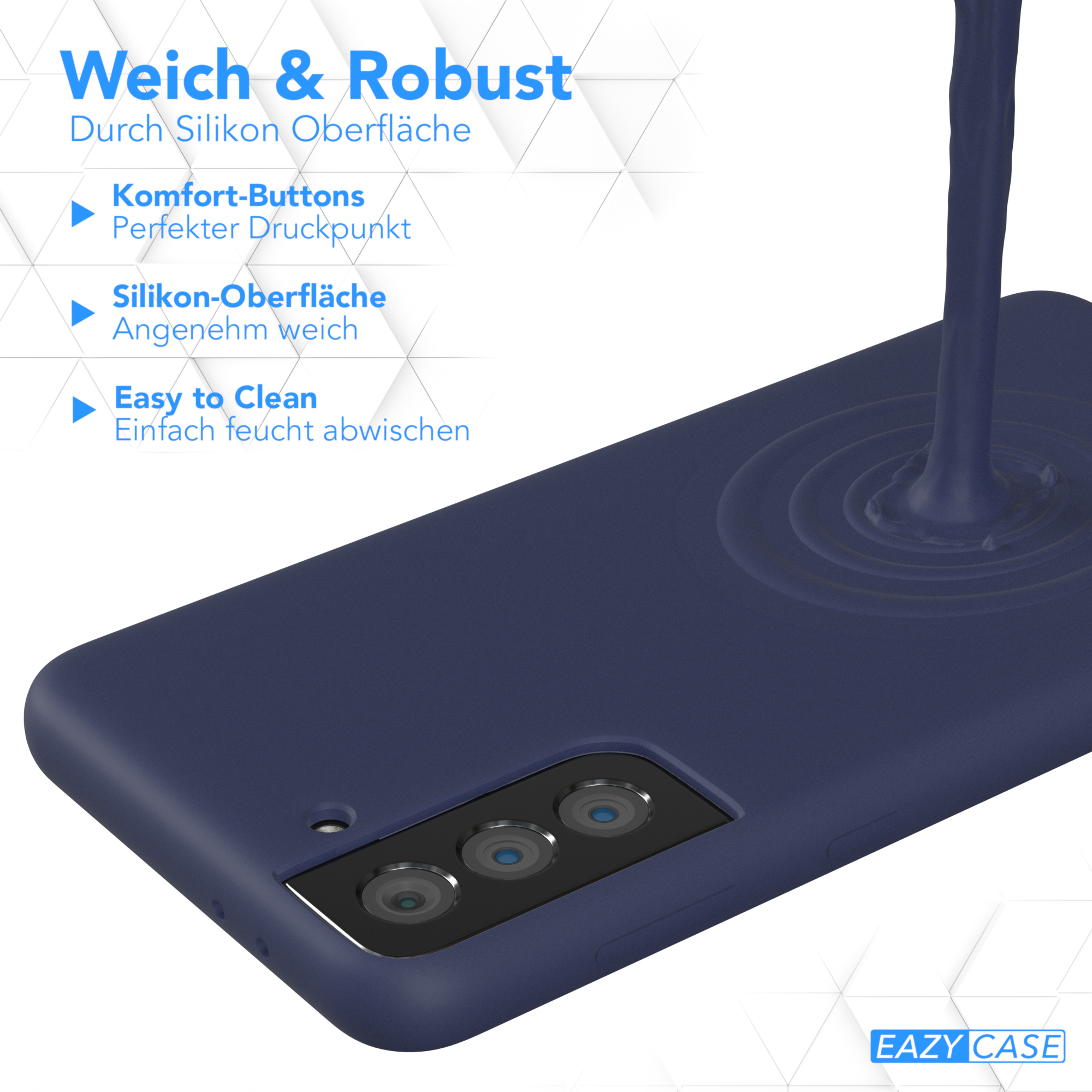 Dunkelblaue Handyhülle mit Flüssigkeit, die darauf gegossen wird. Weiches und robustes Design.